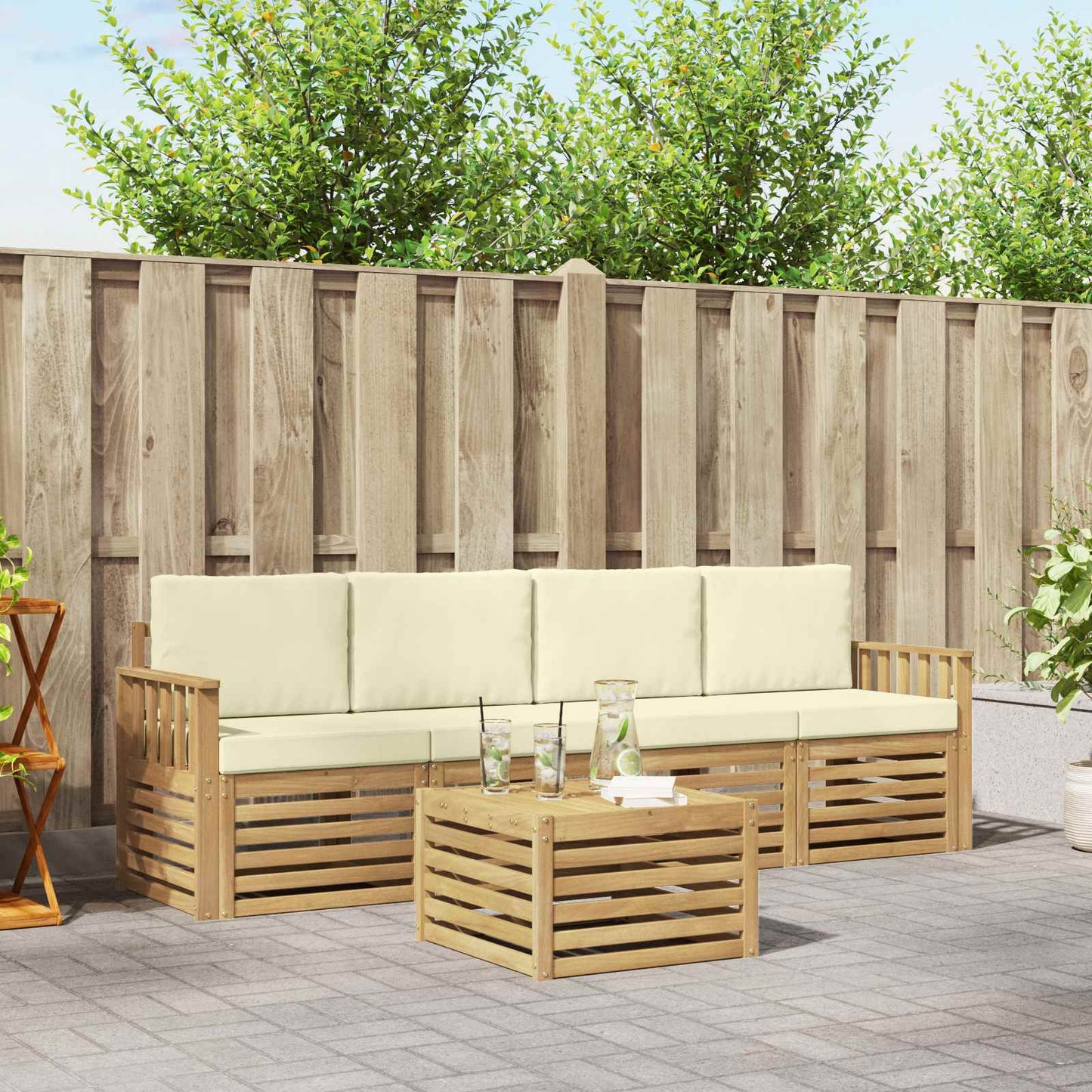 Buiten bankenset met kussen 5 pcs Wit en crèmekleurig Polyester