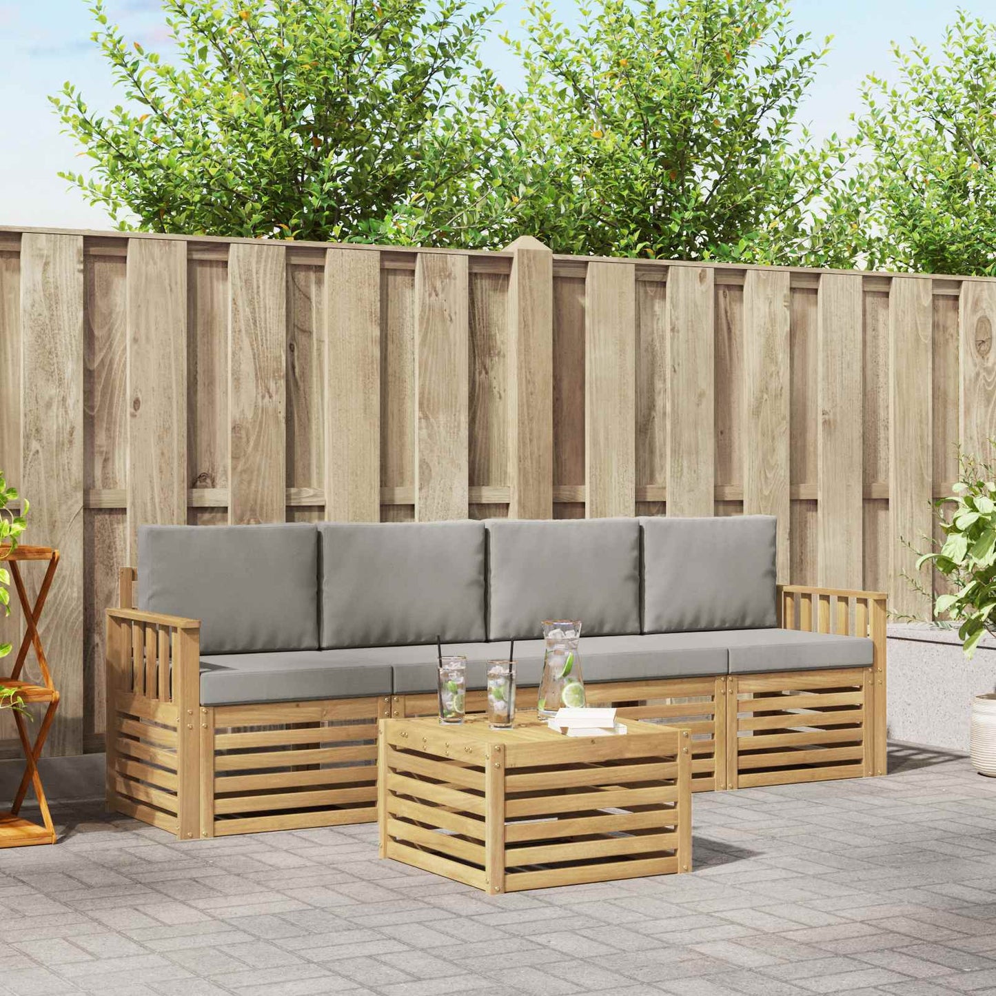Buiten bankenset met kussen 5 pcs Wit en Lichtgrijs Polyester