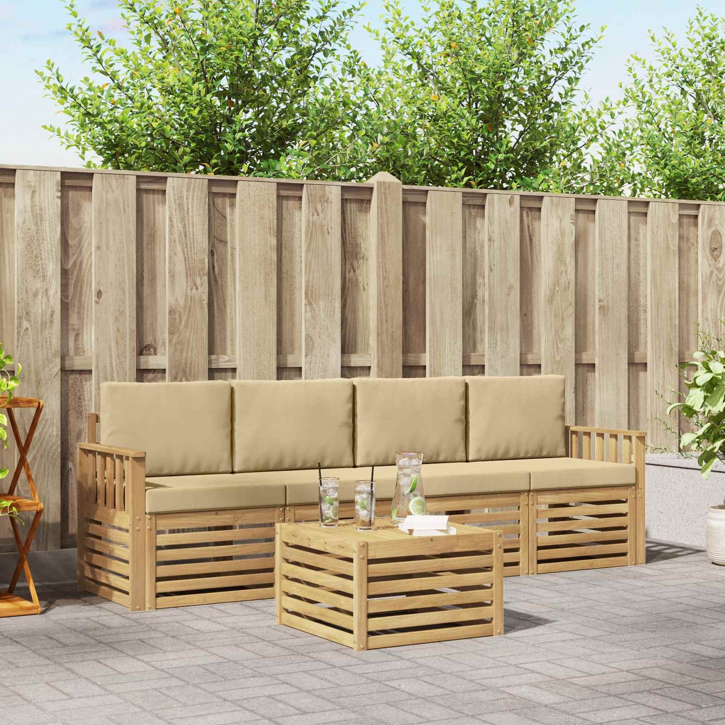 Buiten bankenset met kussen 5 pcs Wit en Beige Polyester