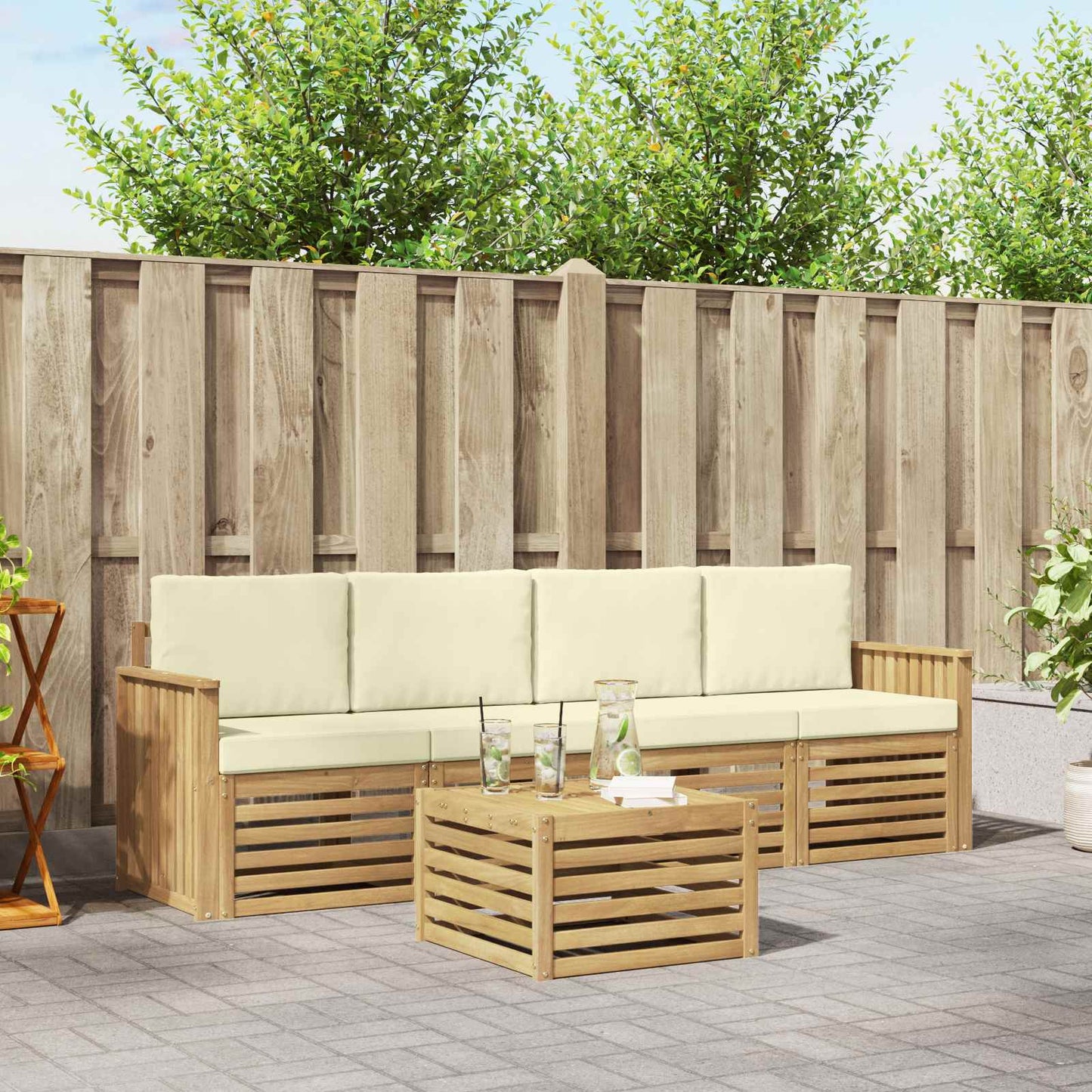 Buiten bankenset met kussen 5 pcs Wit en crèmekleurig Polyester