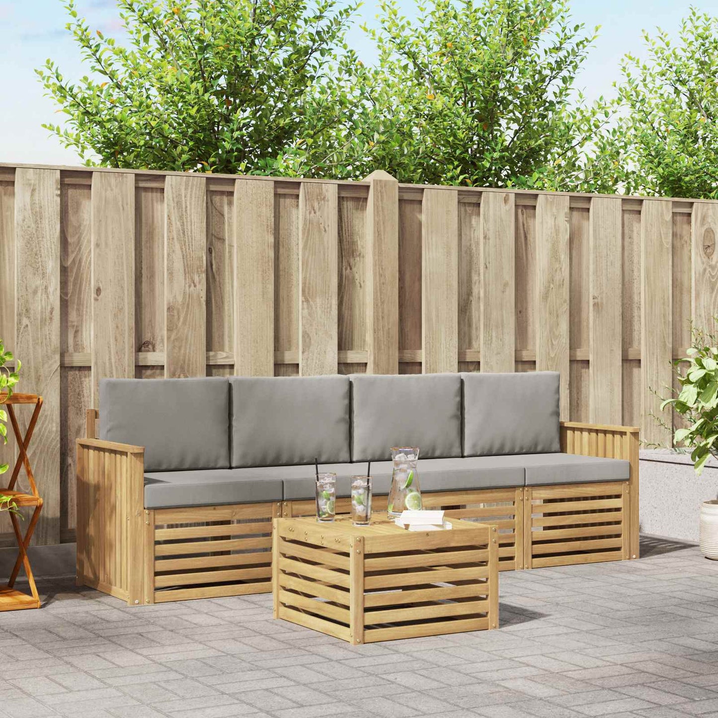 Buiten bankenset met kussen 5 pcs Wit en Lichtgrijs Polyester