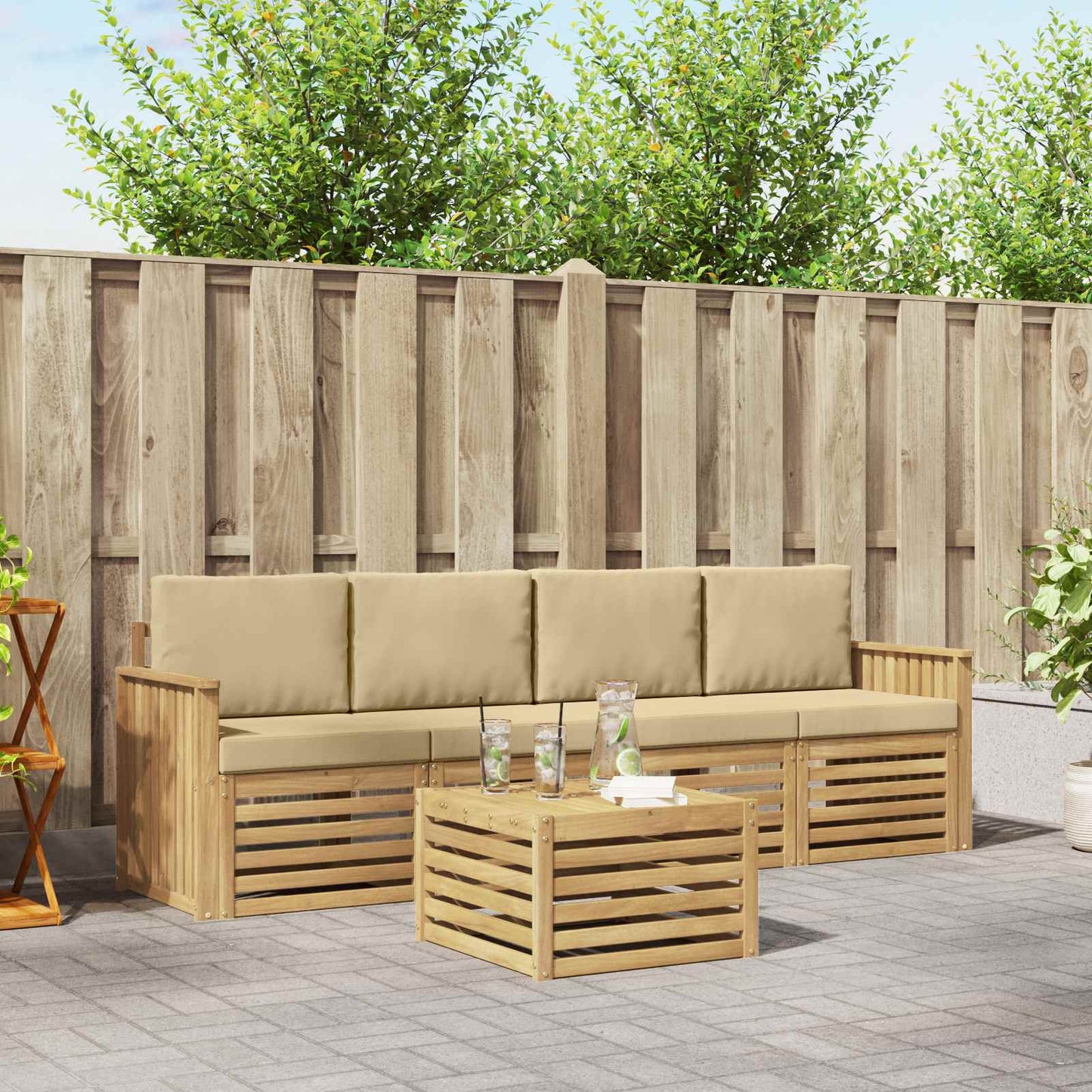 Buiten bankenset met kussen 5 pcs Wit en Beige Polyester