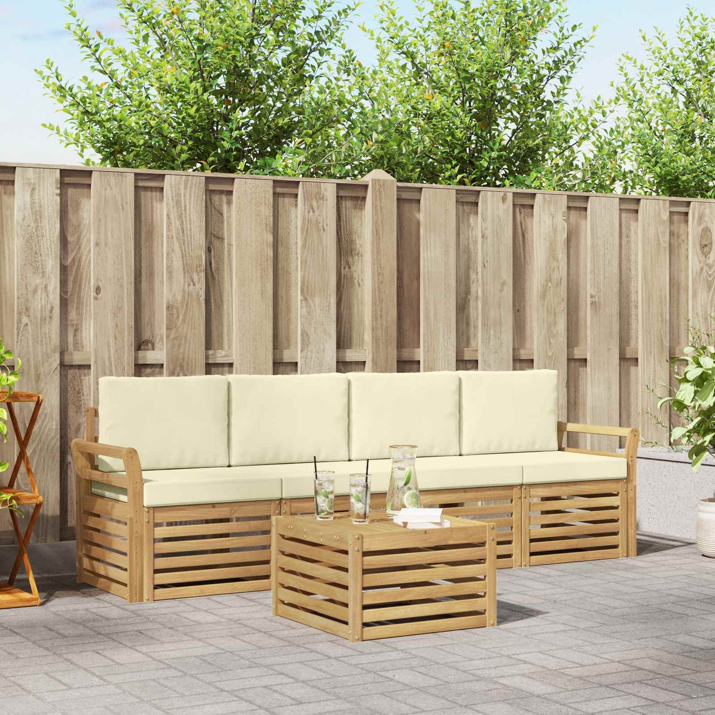 Buiten bankenset met kussen 5 pcs Wit en crèmekleurig Polyester
