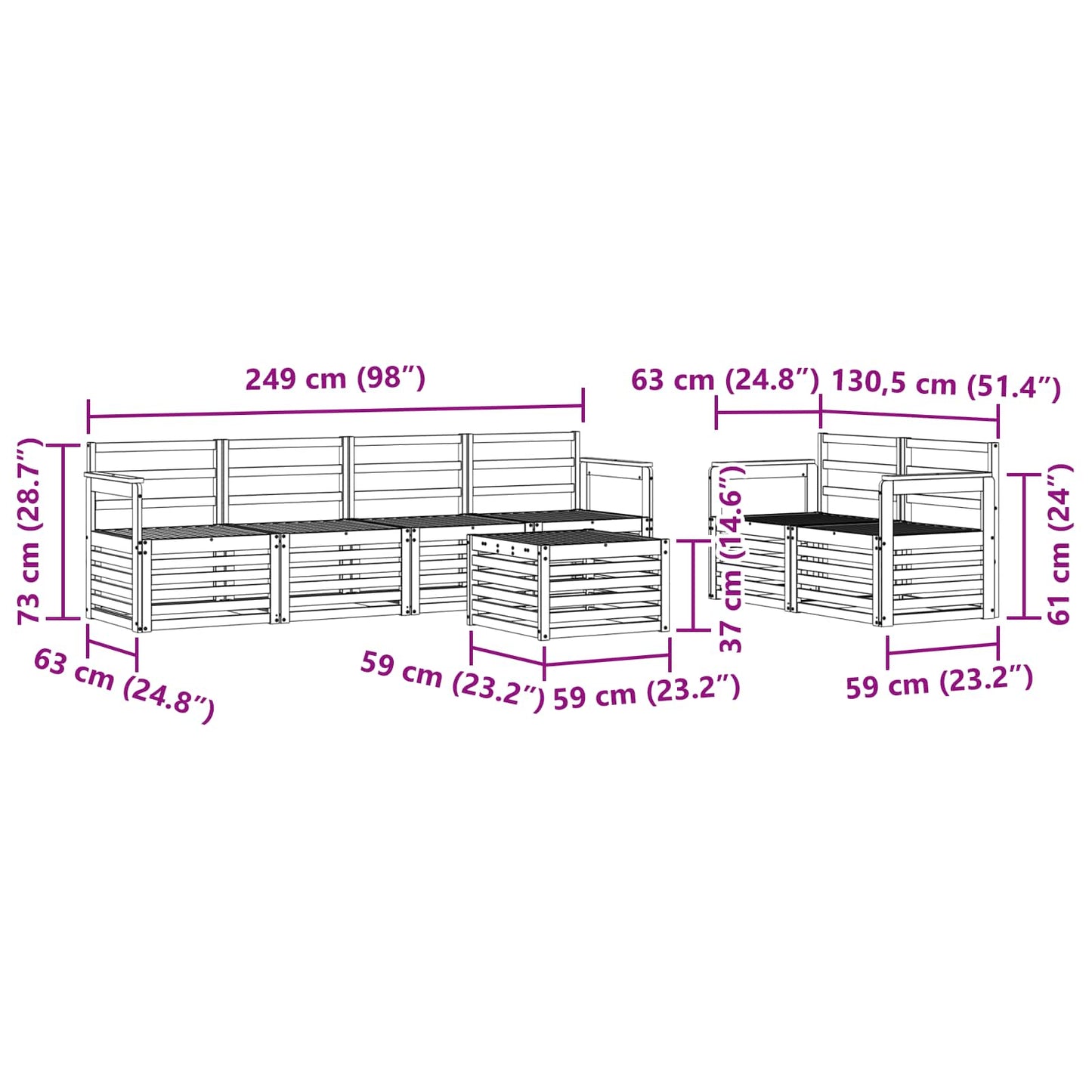 Buiten bankenset 7 pcs Wit Massief Acaciahout