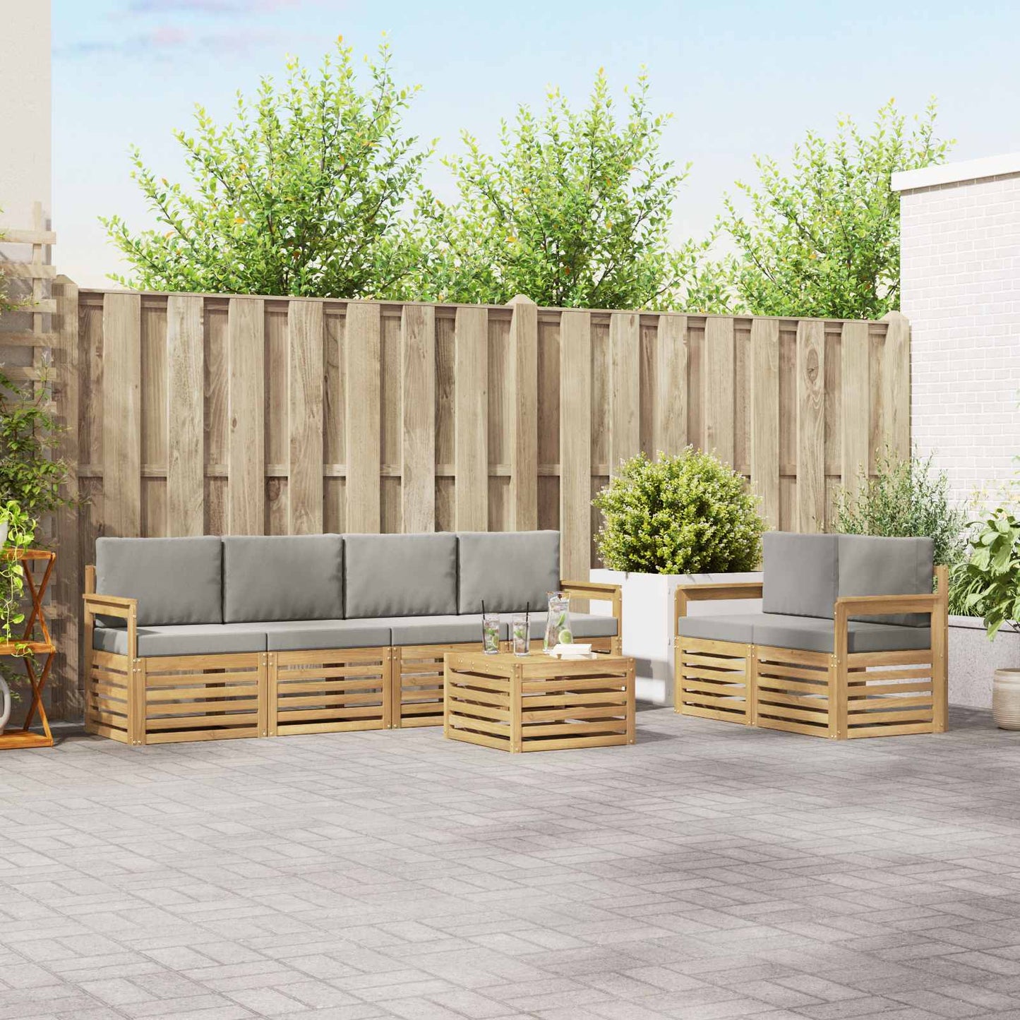Buiten bankenset met kussen 7 pcs Wit en Lichtgrijs Polyester