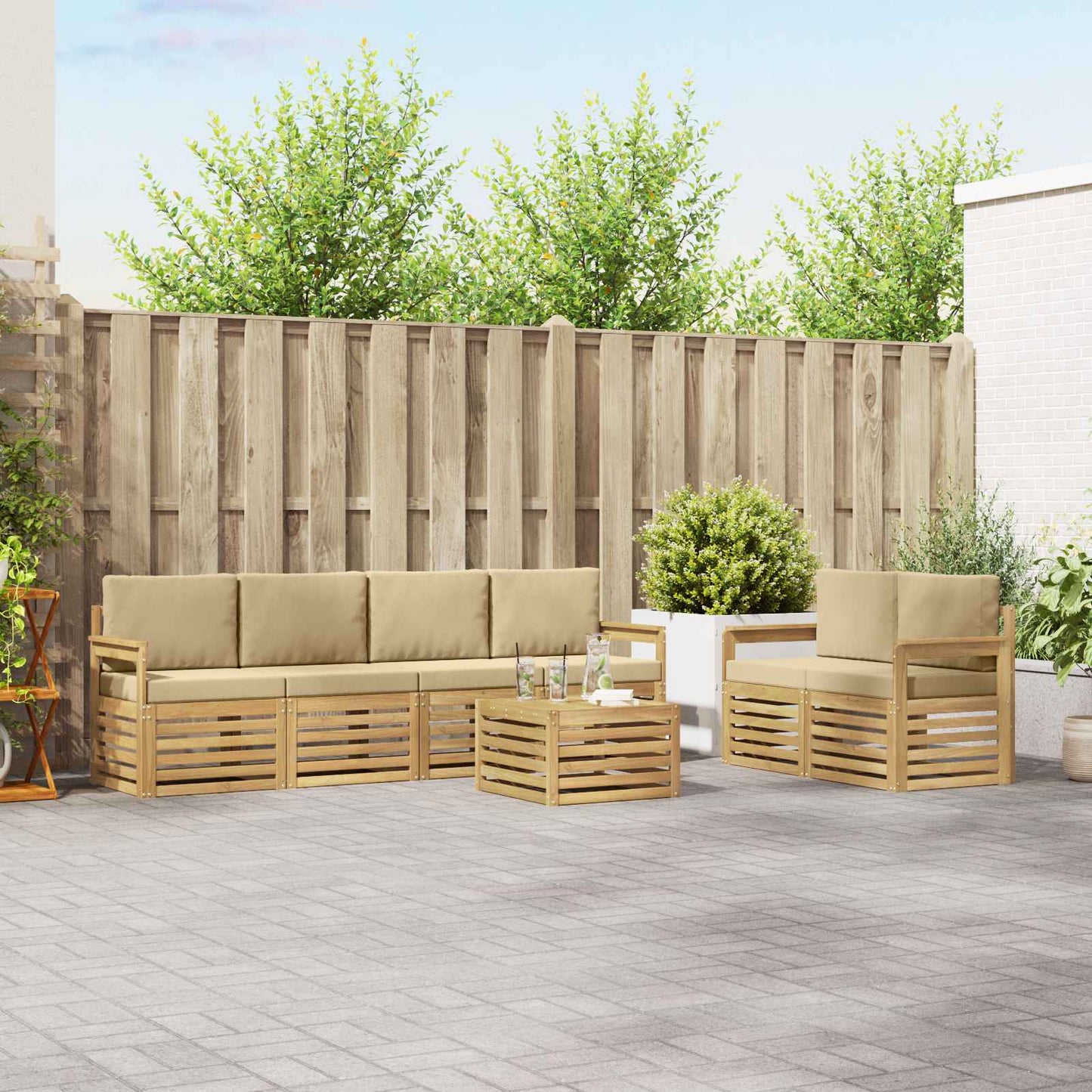 Buiten bankenset met kussen 7 pcs Wit en Beige Polyester