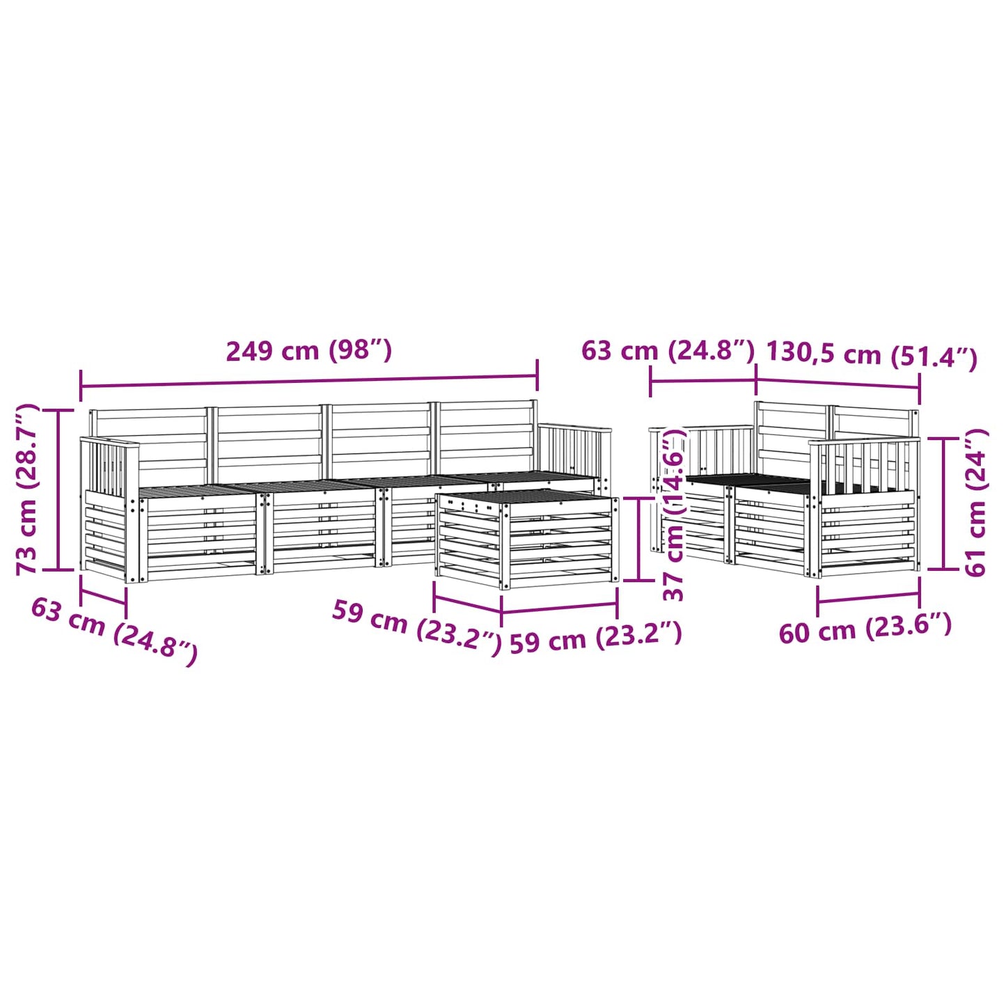 Buiten bankenset 7 pcs Wit Massief Acaciahout