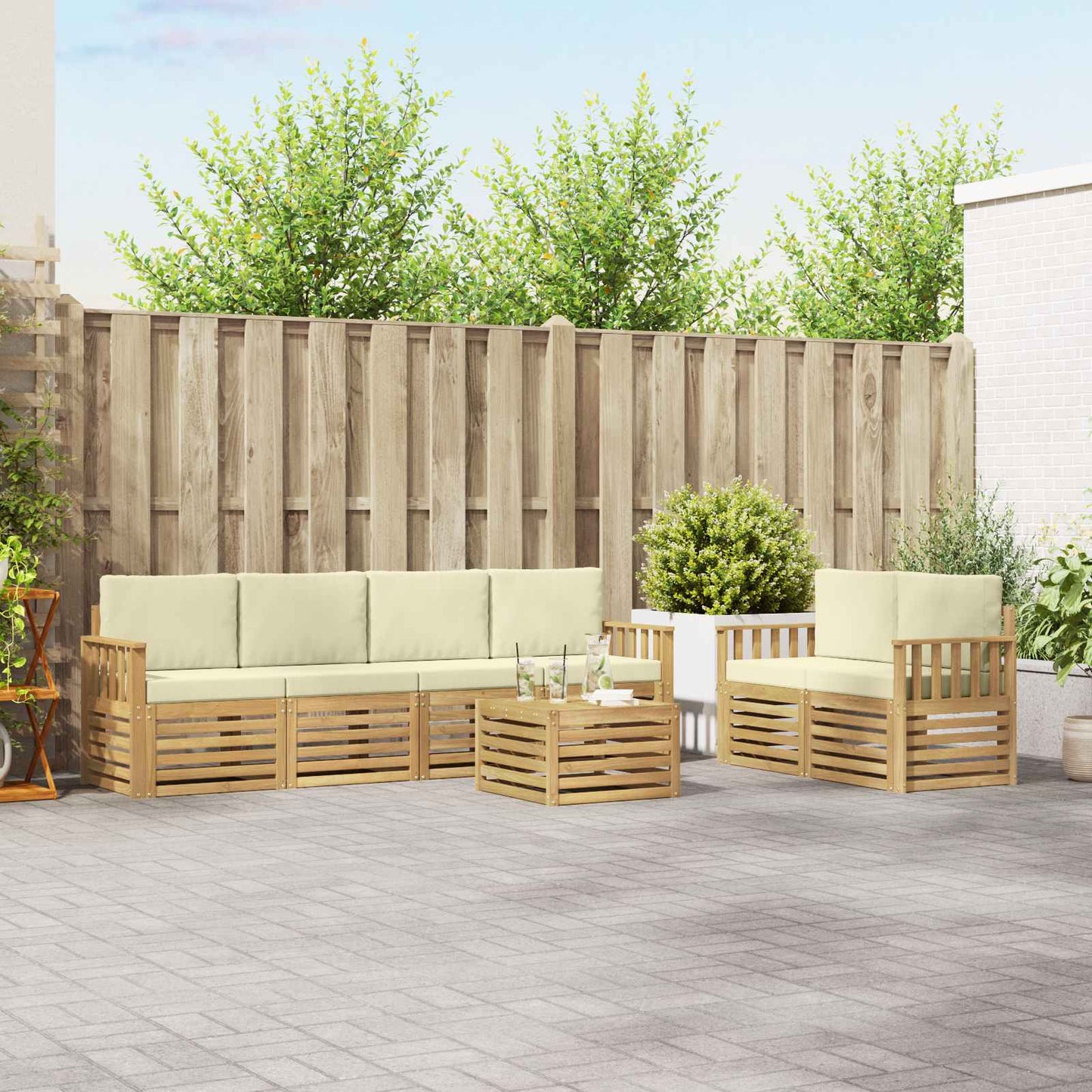Buiten bankenset met kussen 7 pcs Wit en crèmekleurig Polyester