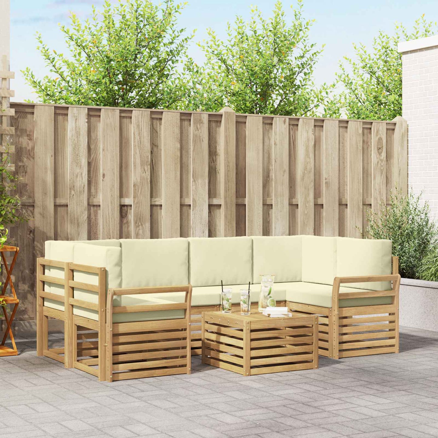 Buiten bankenset met kussen 7 pcs Wit en crèmekleurig Polyester