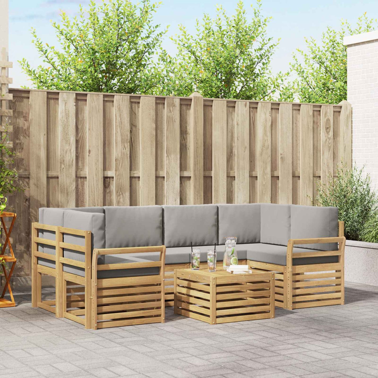 Buiten bankenset met kussen 7 pcs Wit en Lichtgrijs Polyester