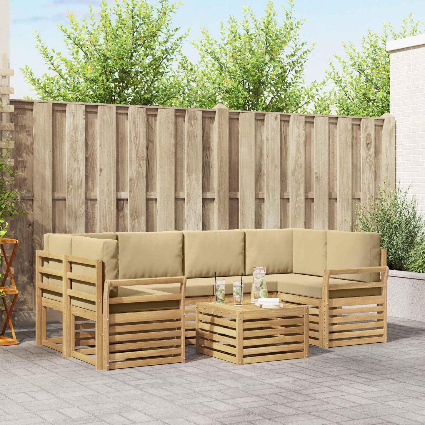 Buiten bankenset met kussen 7 pcs Wit en Beige Polyester