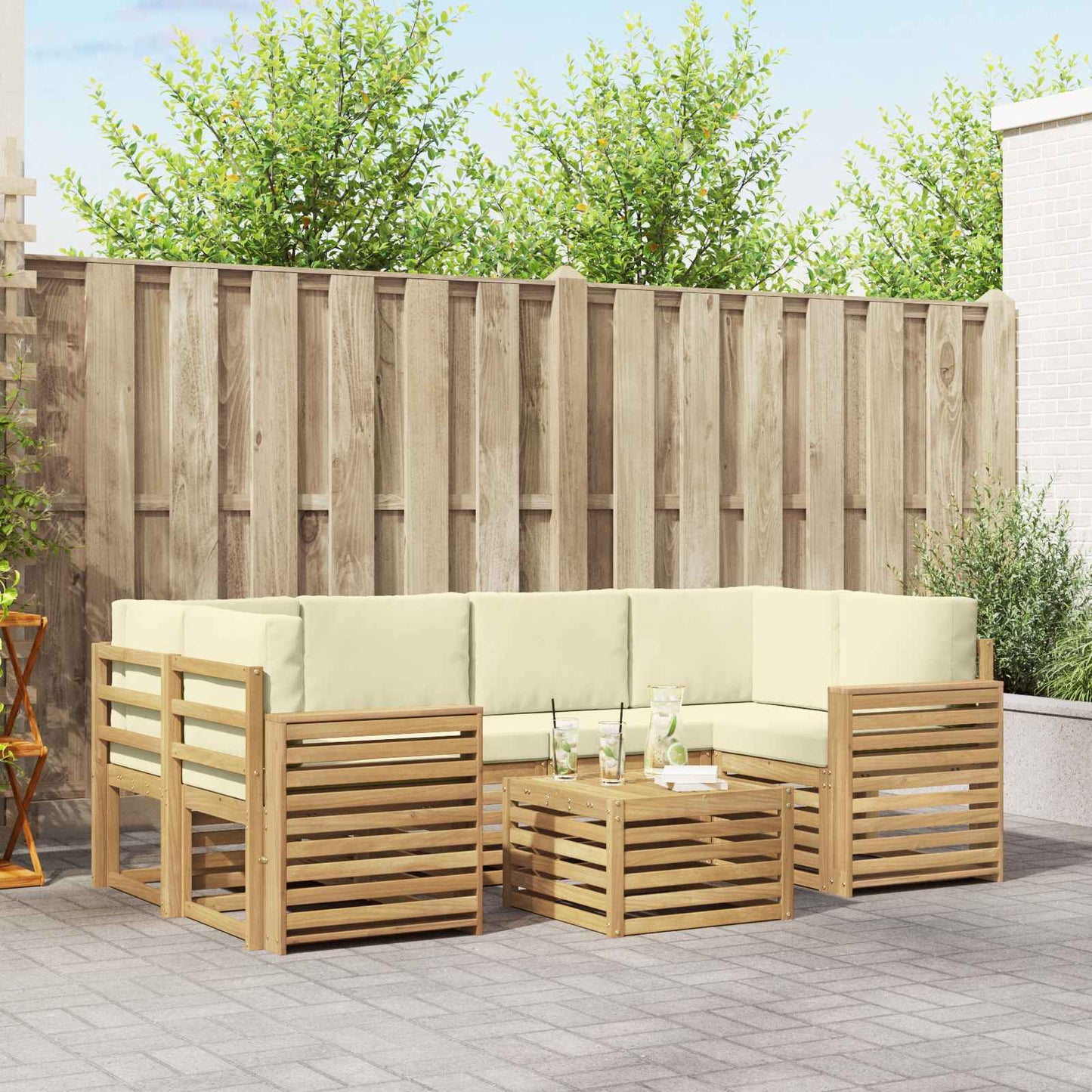 Buiten bankenset met kussen 7 pcs Wit en crèmekleurig Polyester