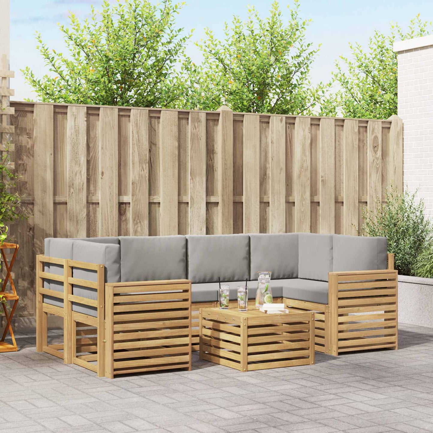 Buiten bankenset met kussen 7 pcs Wit en Lichtgrijs Polyester