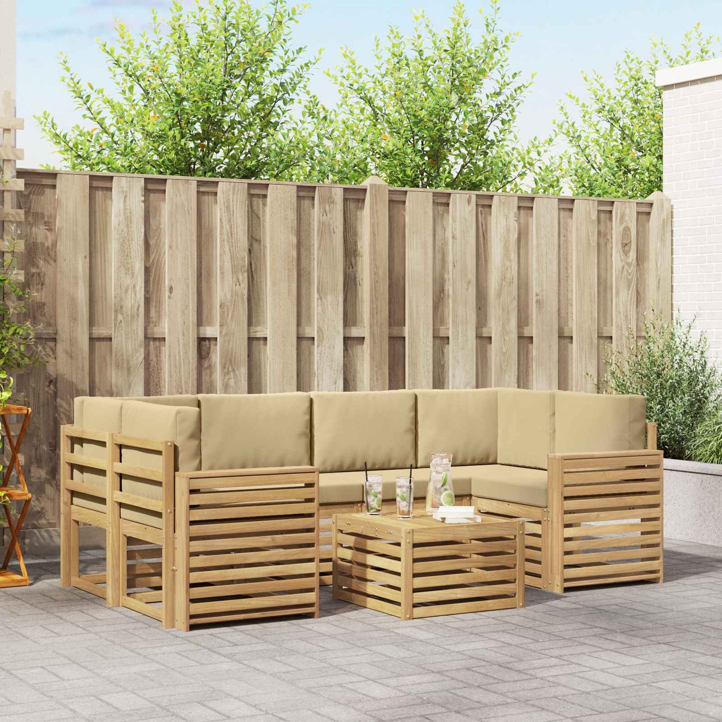 Buiten bankenset met kussen 7 pcs Wit en Beige Polyester