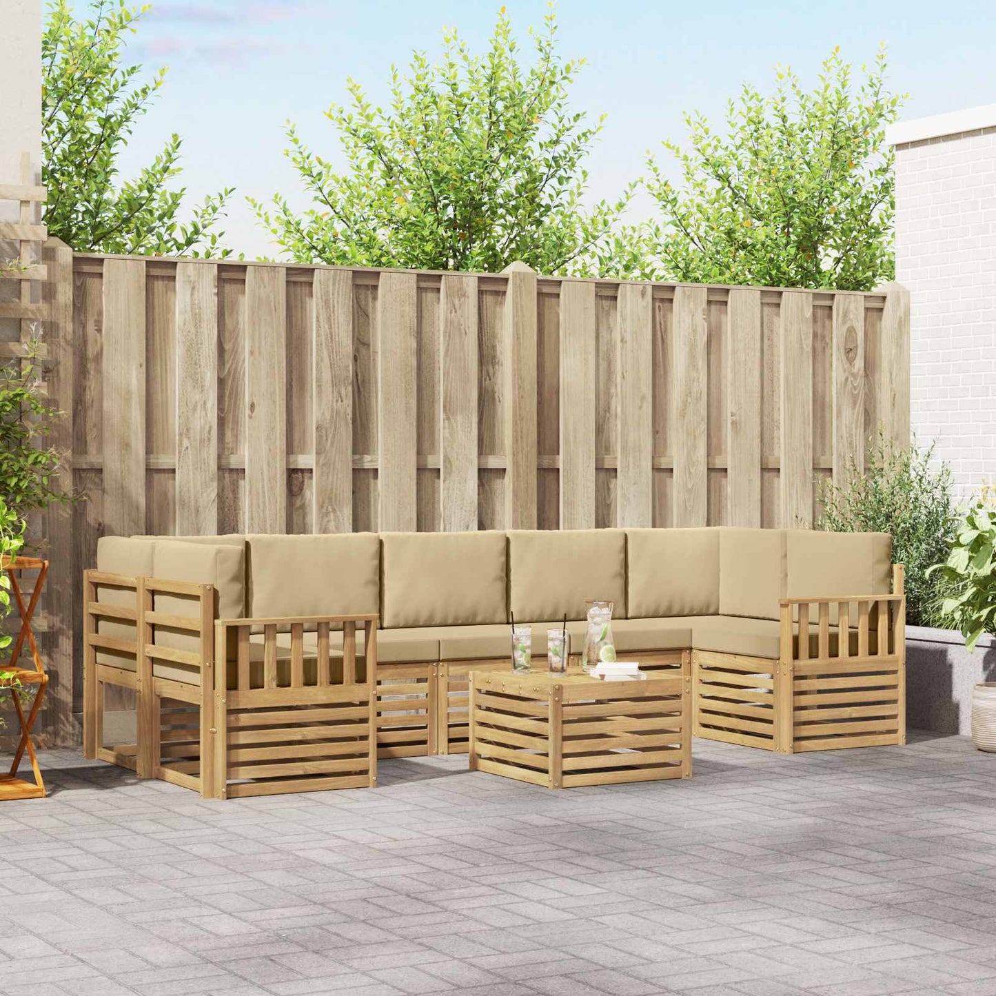 Buiten bankenset met kussen 8 pcs Wit en Beige Polyester