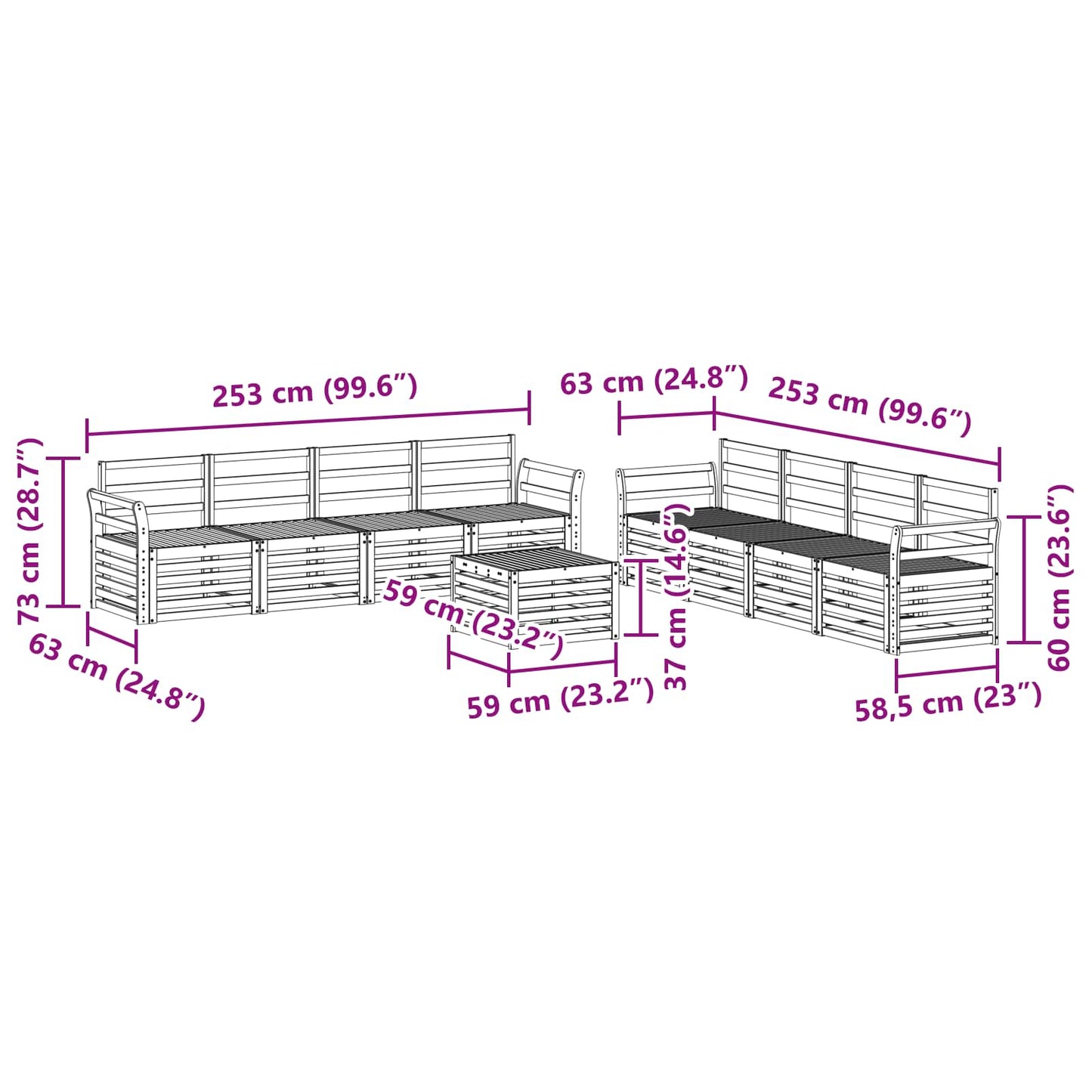 Sofa-Sets 9 pcs Wit 59 x 59 x 37 cm Massief Acaciahout