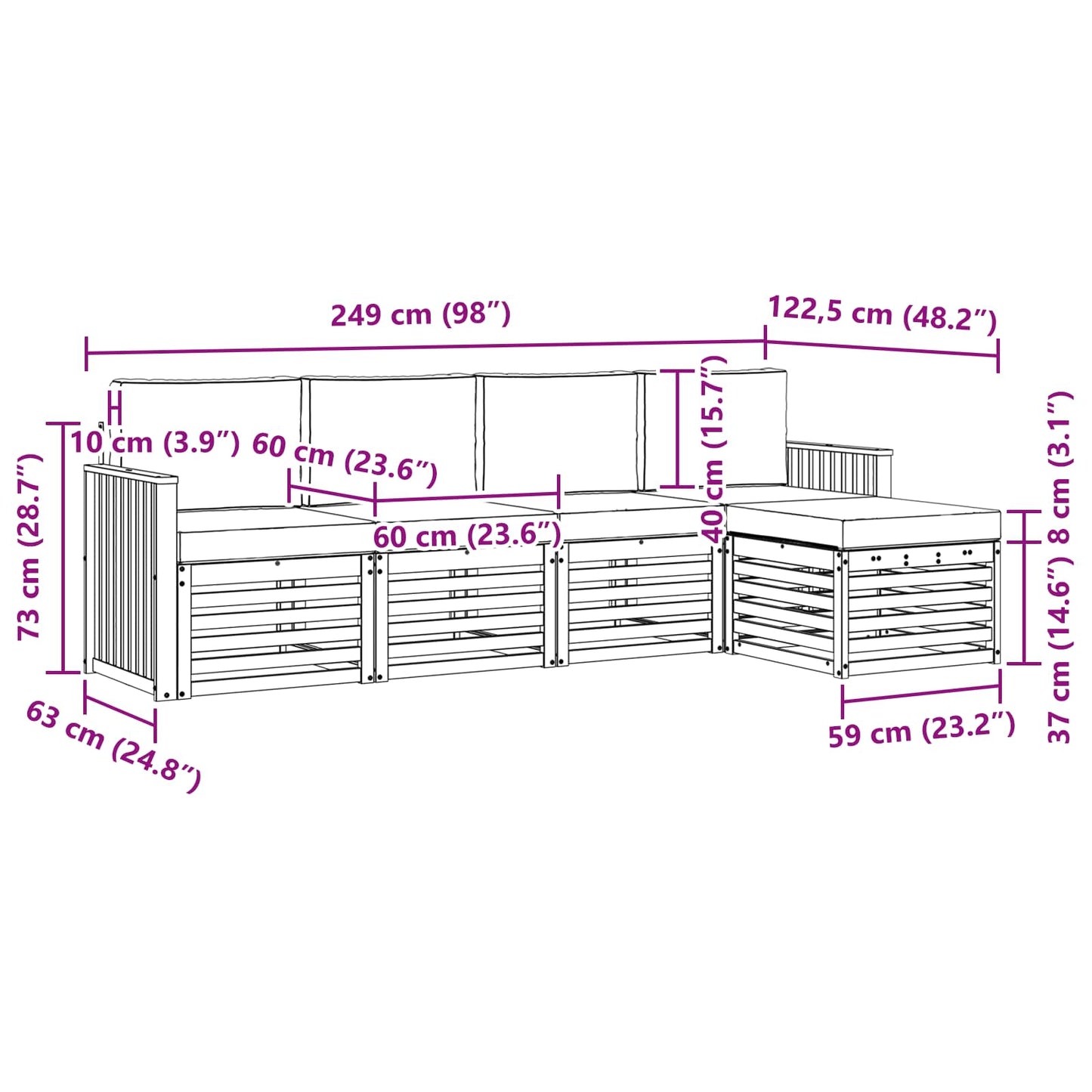 Buiten bankenset 5 pcs Wit en Lichtgrijs 249 x 122,5 x 73 cm