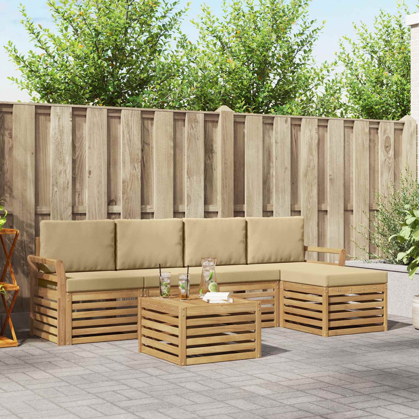 Buiten bankenset 6 pcs Wit en Beige 59 x 59 x 37 cm Polyester