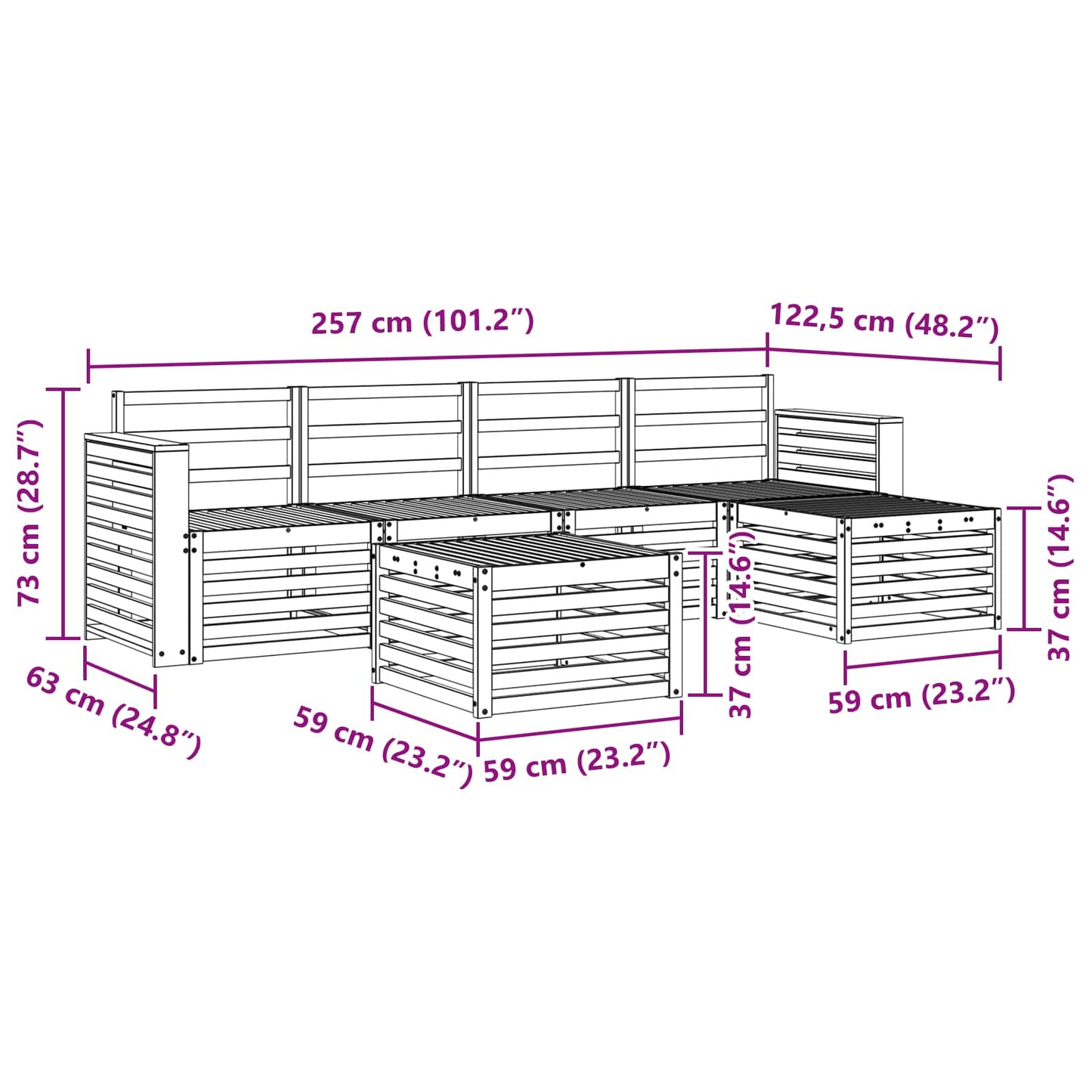 Buiten bankenset 6 pcs Wit 59 x 59 x 37 cm Massief Acaciahout