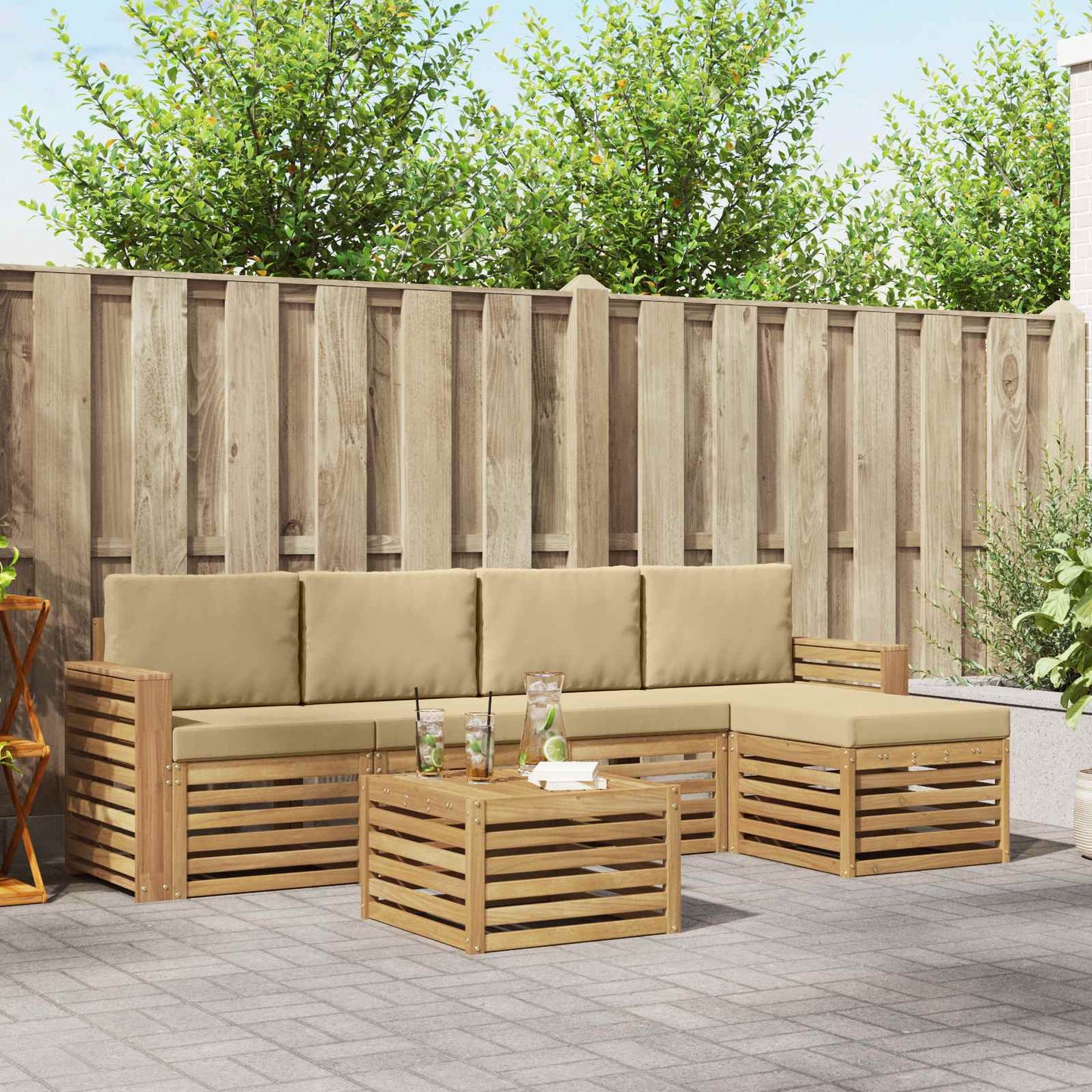 Buiten bankenset 6 pcs Wit en Beige 59 x 59 x 37 cm Polyester