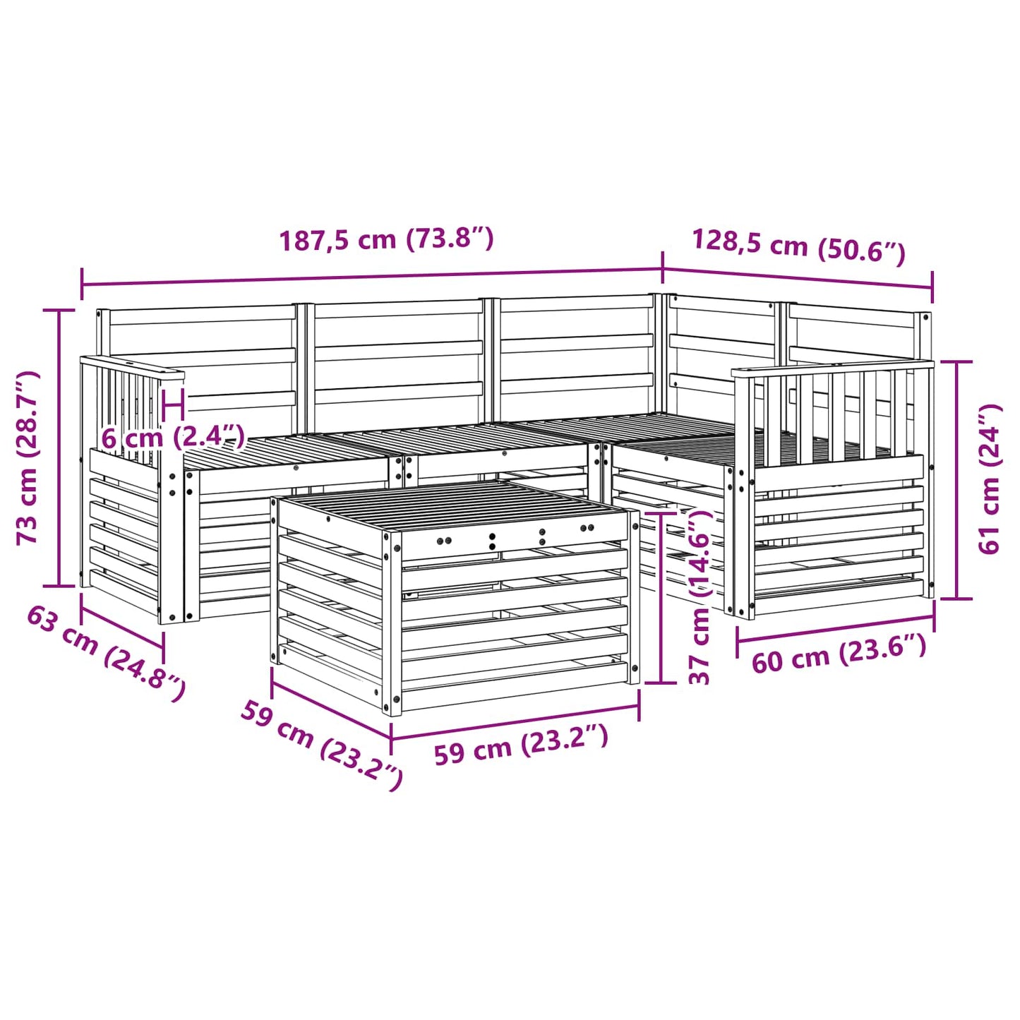 Buiten bankenset 5 pcs Wit 59 x 59 x 37 cm Massief Acaciahout
