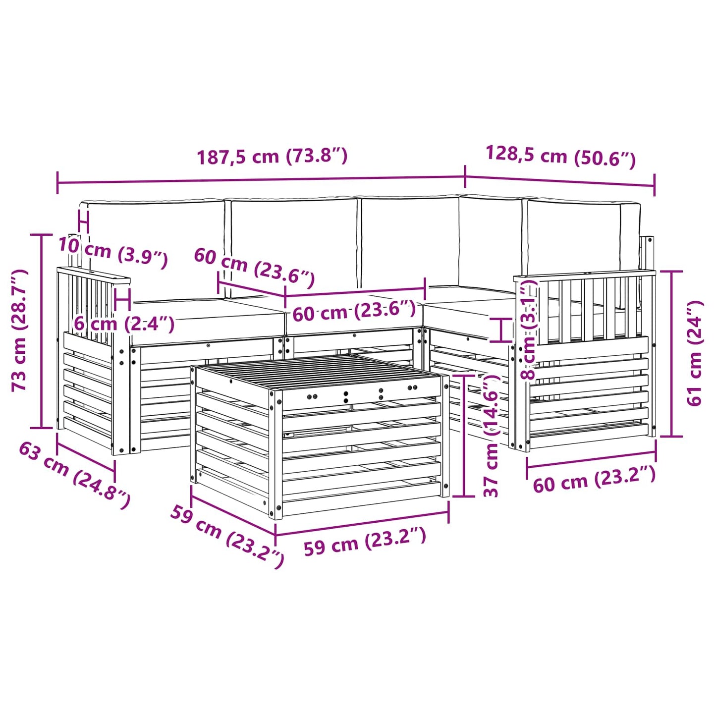 Buiten bankenset 5 pcs Wit en crèmekleurig 59 x 59 x 37 cm