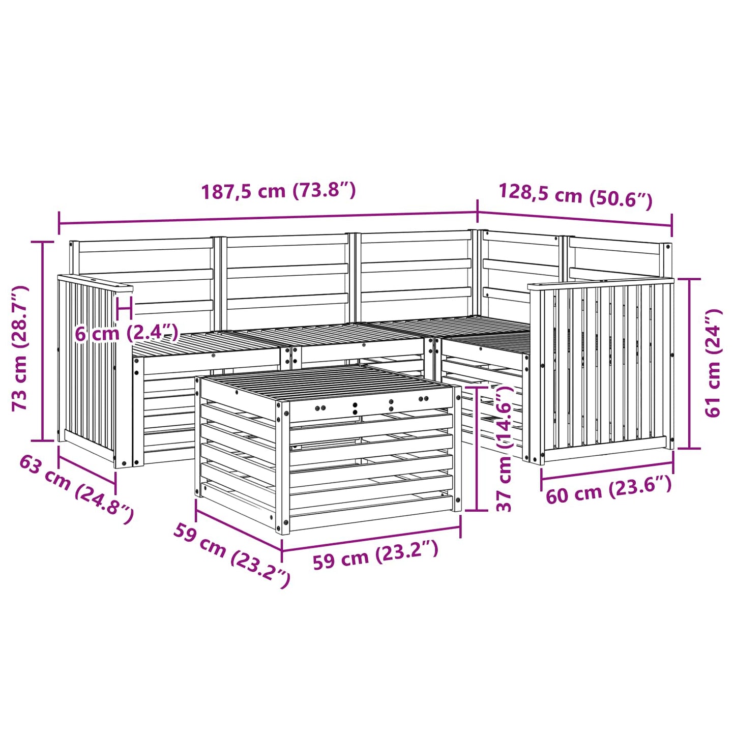 Buiten bankenset 5 pcs Wit 59 x 59 x 37 cm Massief Acaciahout