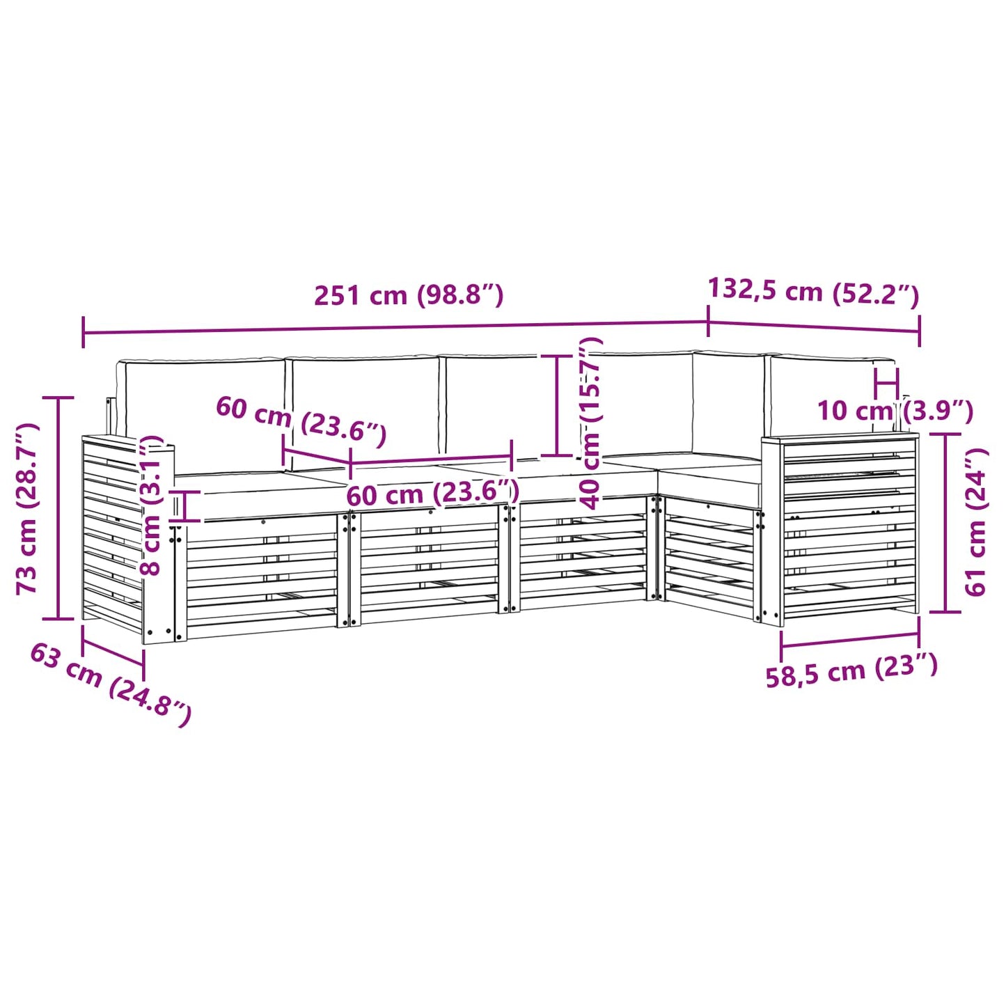 Buiten bankenset 5 pcs Wit en crèmekleurig 251 x 132,5 x 73 cm
