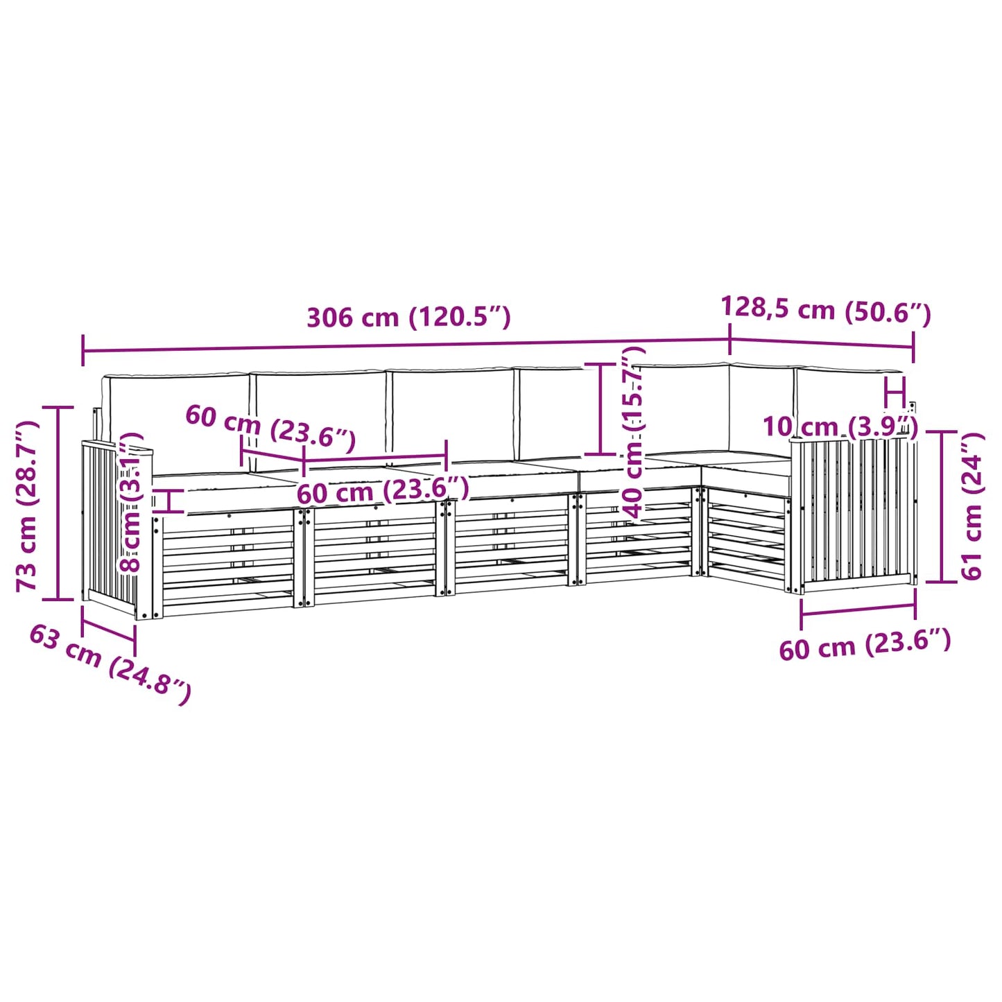 Buiten bankenset 6 pcs Wit en crèmekleurig 306 x 128,5 x 73 cm