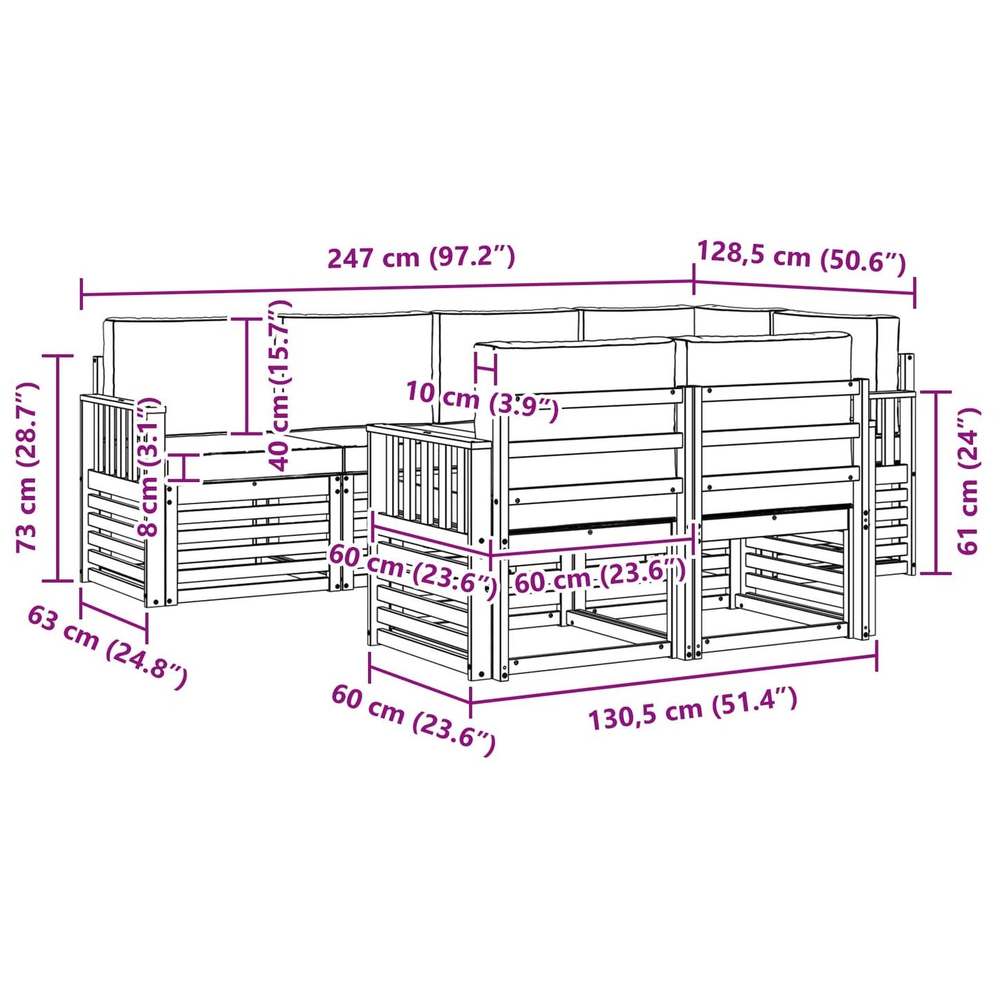 Buiten bankenset 7 pcs Wit en Beige 247 x 128,5 x 73 cm