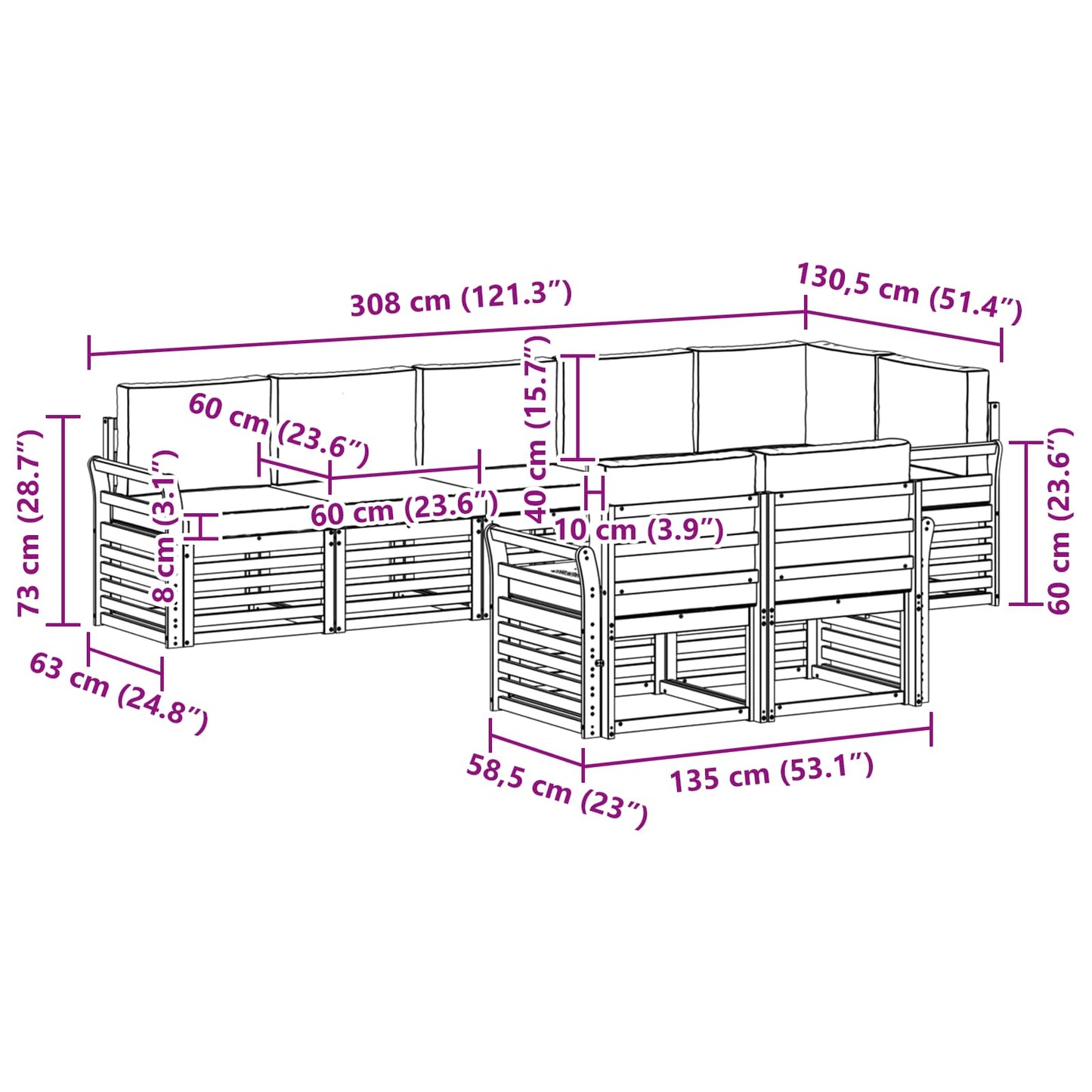 Buiten bankenset 8 pcs Wit en Beige 308 x 130,5 x 73 cm