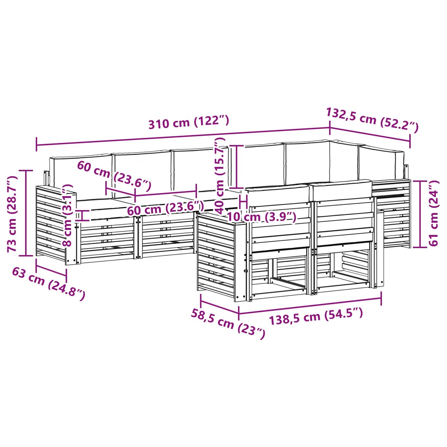 Buiten bankenset 8 pcs Wit en Lichtgrijs 310 x 132,5 x 73 cm
