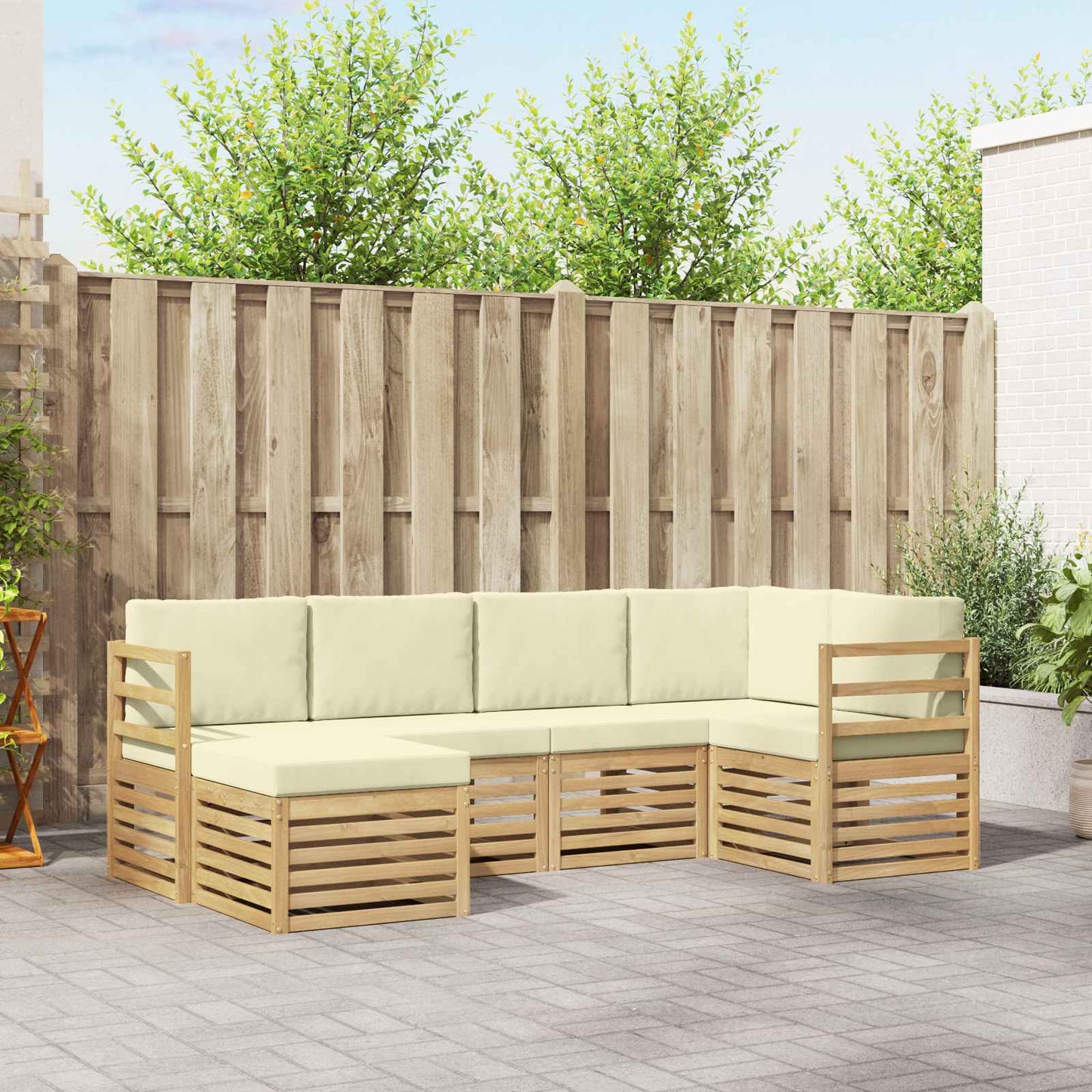 Buiten bankenset 6 pcs Wit en crèmekleurig Polyester