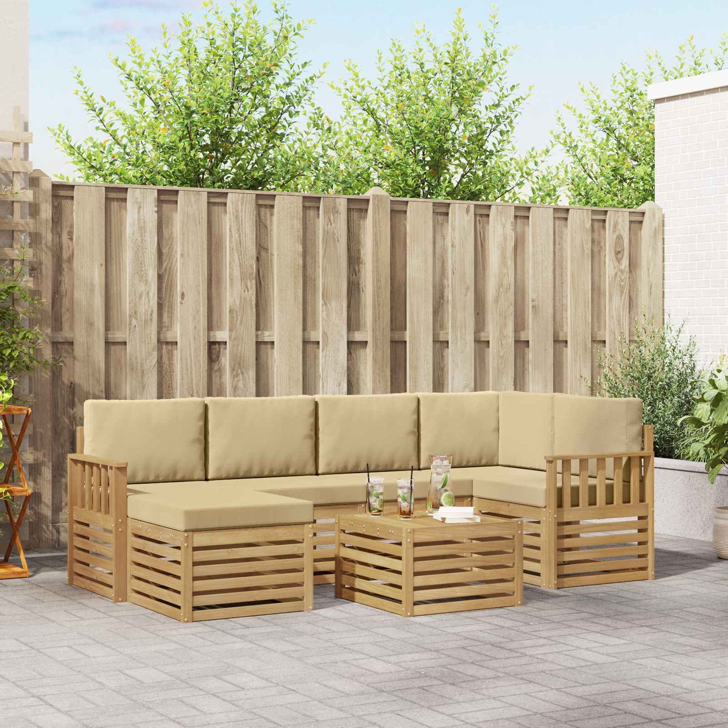 Buiten bankenset 7 pcs Wit en Beige 59 x 59 x 37 cm Polyester