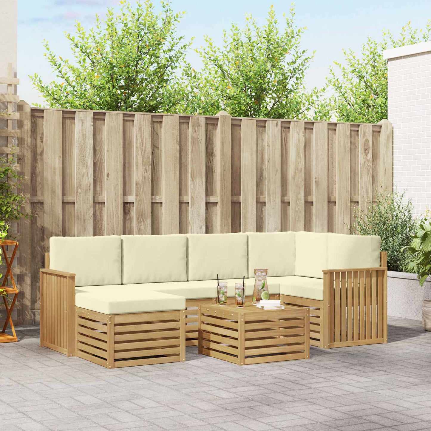Buiten bankenset 7 pcs Wit en crèmekleurig Polyester
