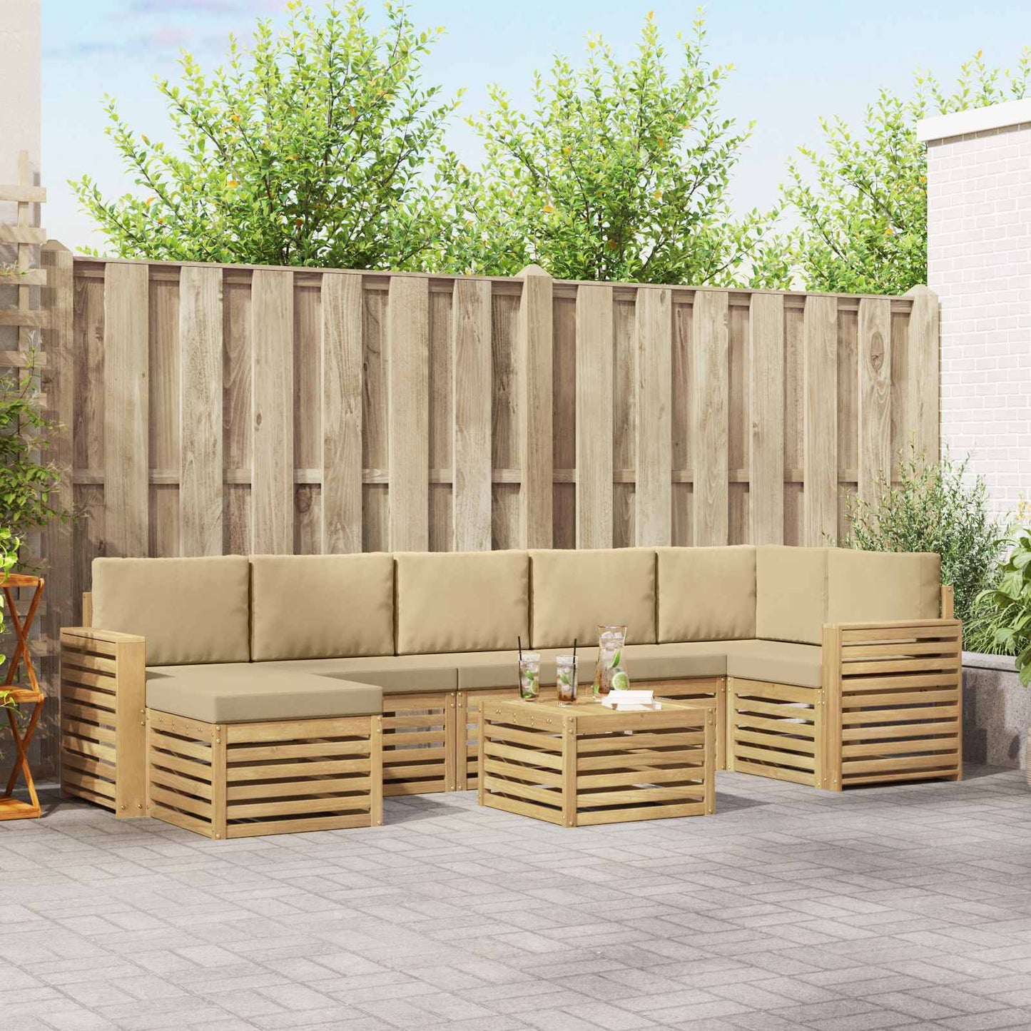 Buiten bankenset 8 pcs Wit en Beige 59 x 59 x 37 cm Polyester