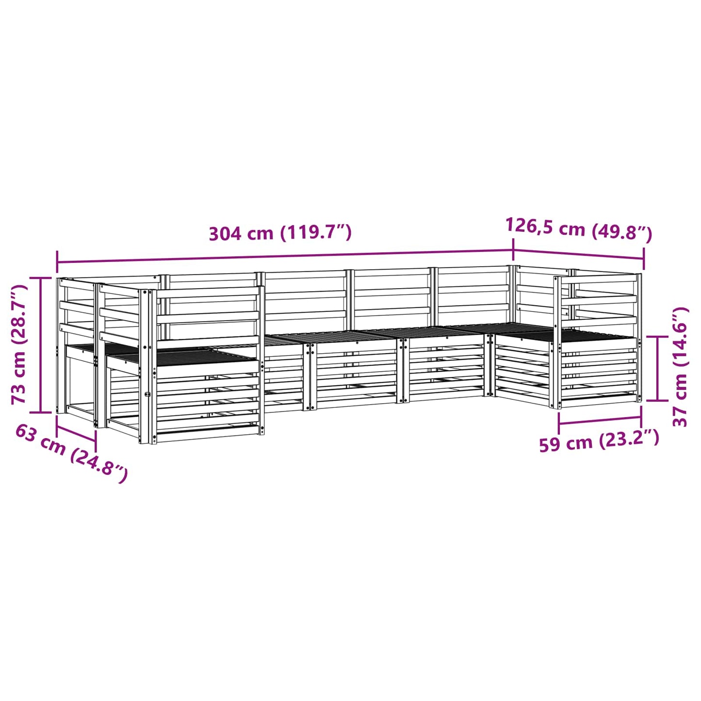 Buiten bankenset 7 pcs Wit 304 x 126,5 x 73 cm