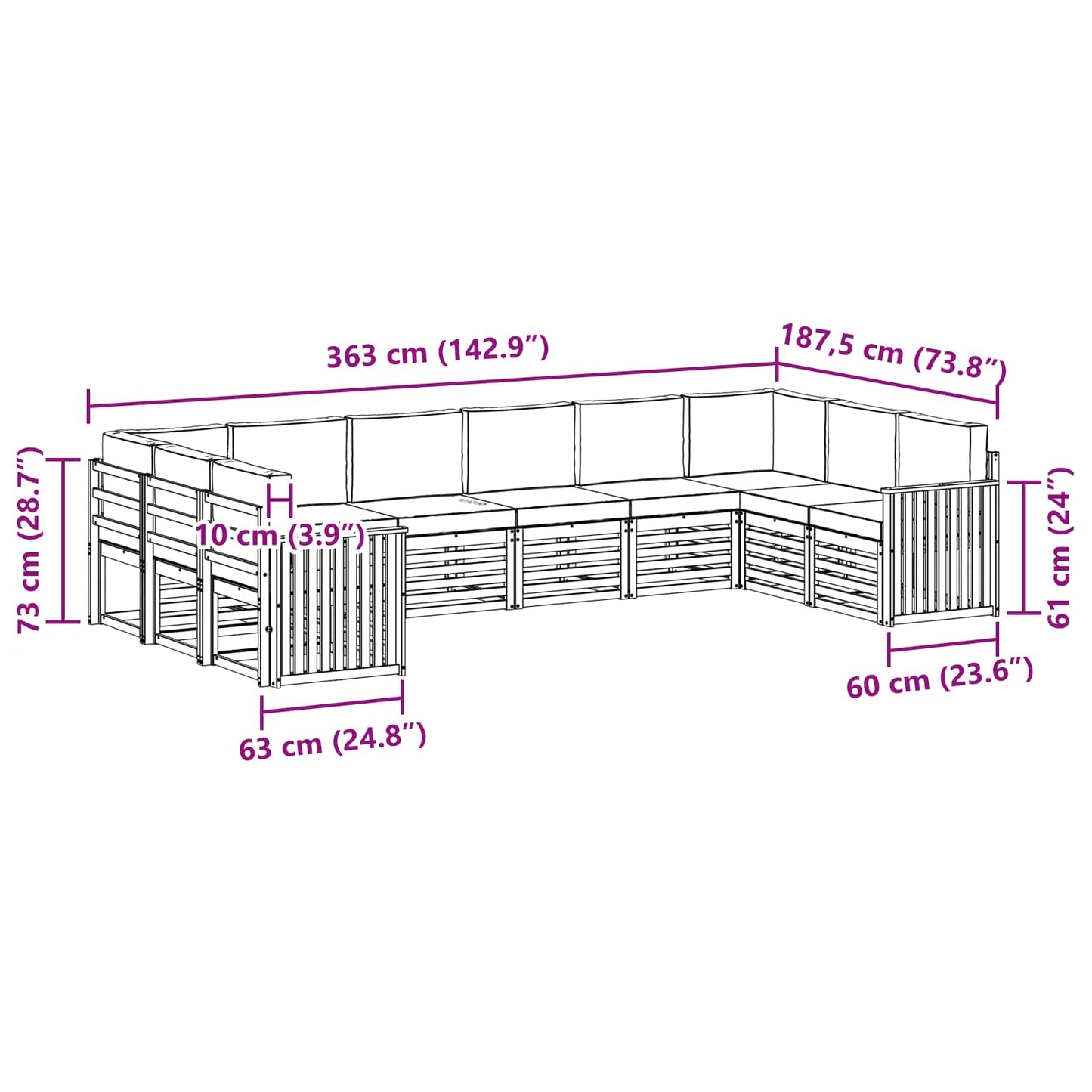Buiten bankenset 10 pcs Wit en crèmekleurig 363 x 187,5 x 73 cm