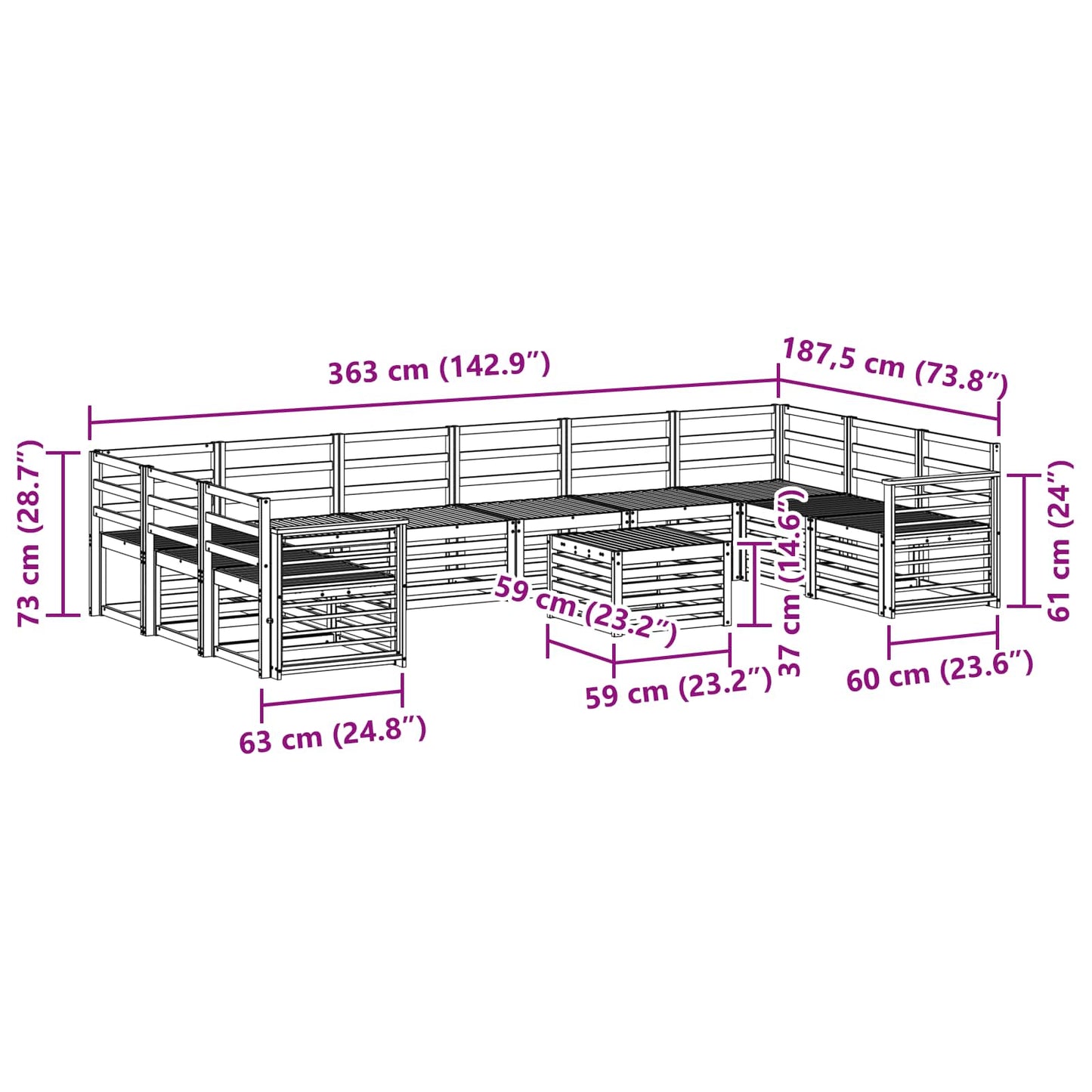 Buiten bankenset 11 pcs Wit 59 x 59 x 37 cm Massief Acaciahout
