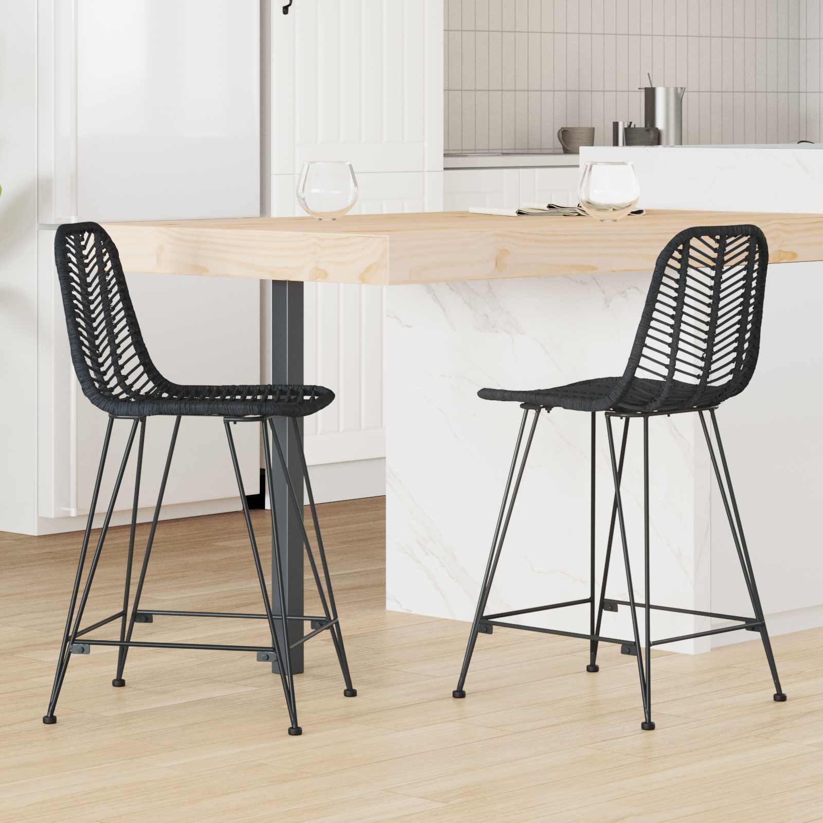 Barkruk 2 pcs Zwart 44,5 x 54,5 x 97,5 cm Riet en IJzer is nu te koop bij PeponiXL, paradijselijk wonen!