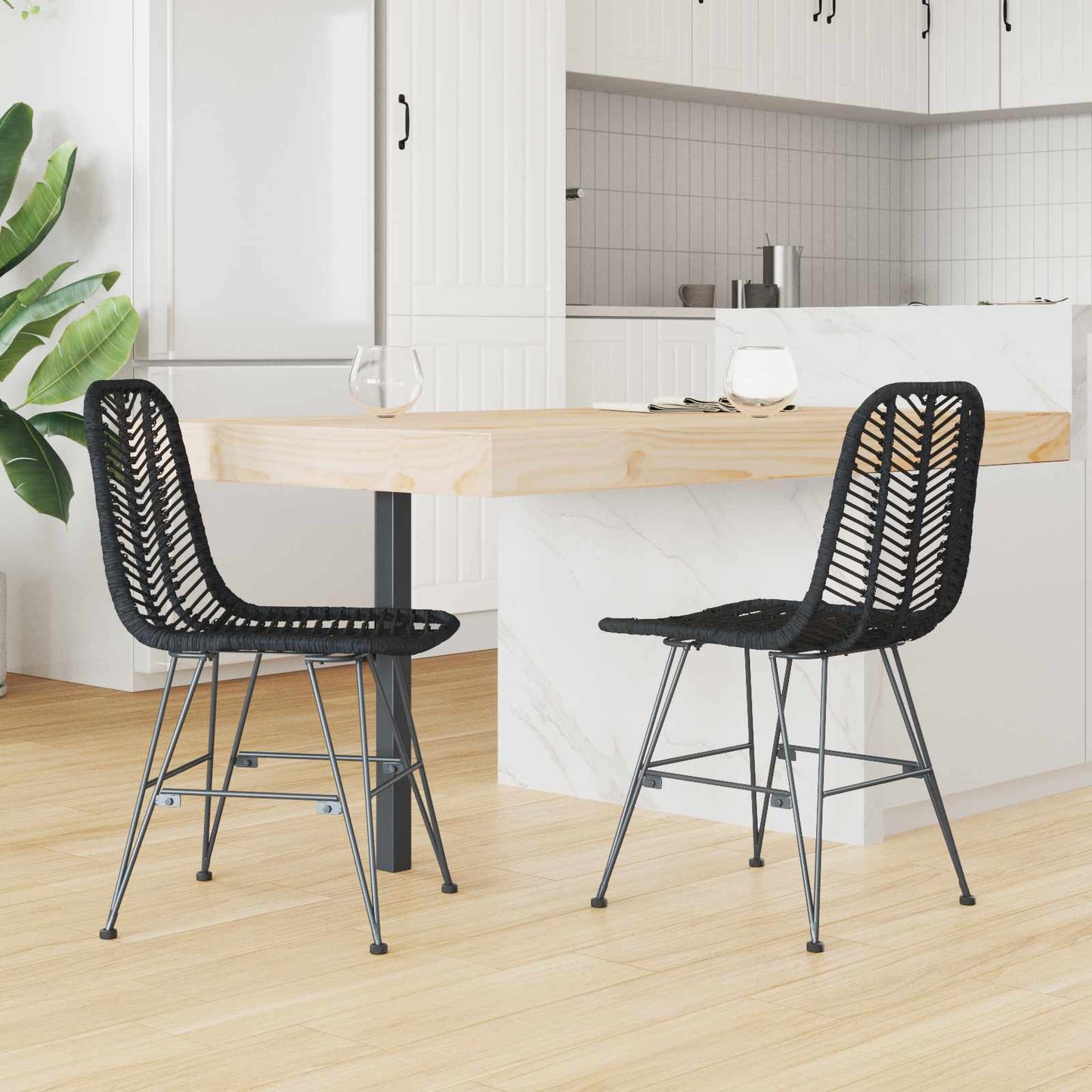 Eetkamerstoel 2 pcs Zwart 44 x 47 x 85 cm Riet en IJzer is nu te koop bij PeponiXL, paradijselijk wonen!