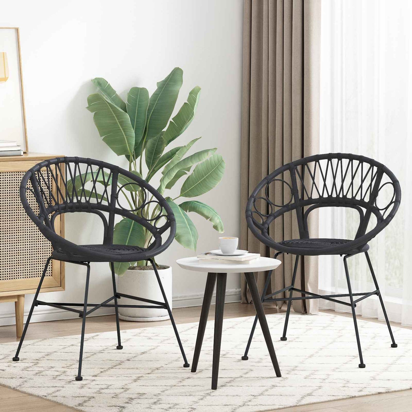Eetkamerstoel 2 pcs Zwart 49 x 51 x 81 cm Riet en IJzer is nu te koop bij PeponiXL, paradijselijk wonen!