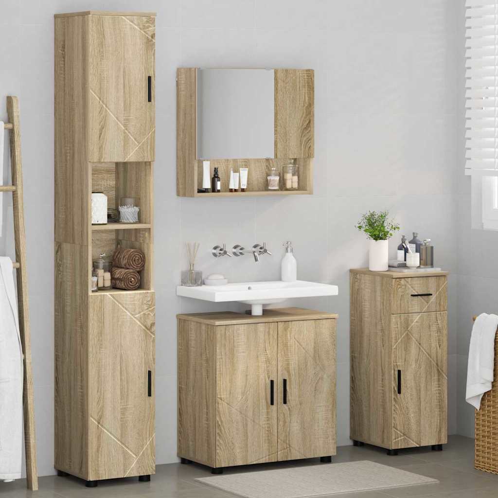 Badkamermeubelset 4 pcs Sonoma Eiken Bewerkt hout & Metaal is nu te koop bij PeponiXL, paradijselijk wonen!