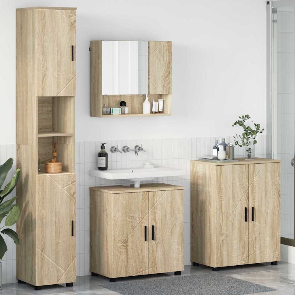 Badkamermeubelset 4 pcs Sonoma Eiken Bewerkt hout & Metaal is nu te koop bij PeponiXL, paradijselijk wonen!