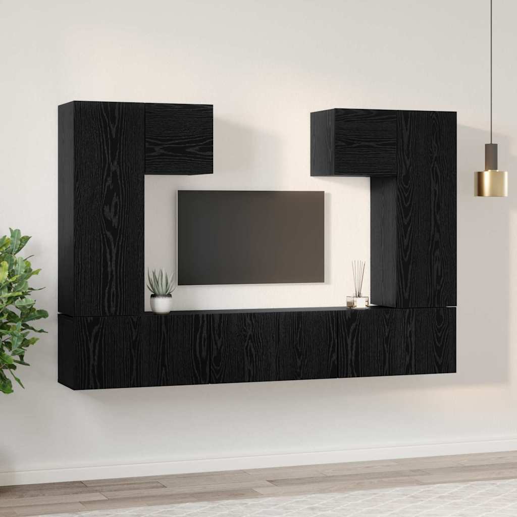Tv-meubelset Wandgemonteerd 7 pcs Zwart Eiken Bewerkt hout is nu te koop bij PeponiXL, paradijselijk wonen!