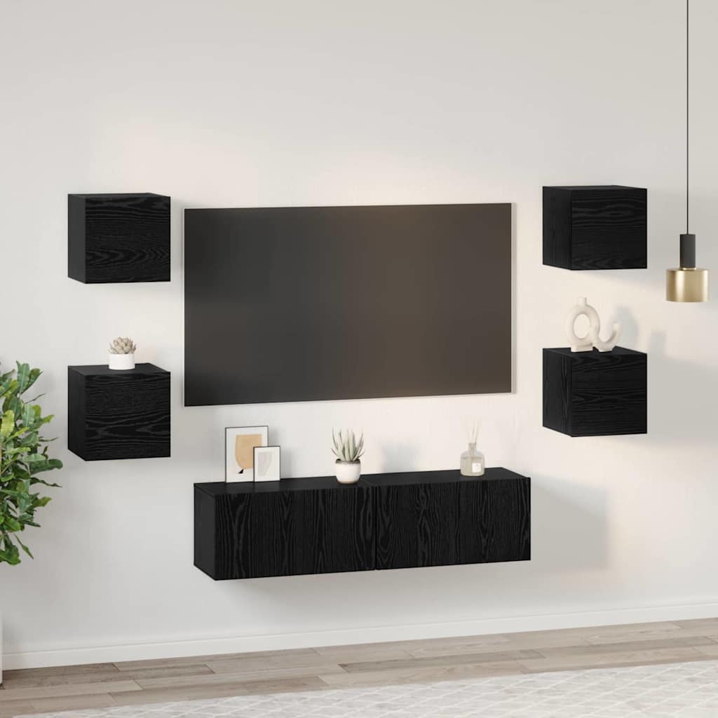 Tv-meubelset Wandgemonteerd 6 pcs Zwart Eiken Bewerkt hout is nu te koop bij PeponiXL, paradijselijk wonen!