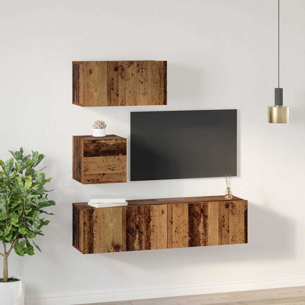 Tv-meubelset Wandgemonteerd 4 pcs Oud Hout Bewerkt hout is nu te koop bij PeponiXL, paradijselijk wonen!