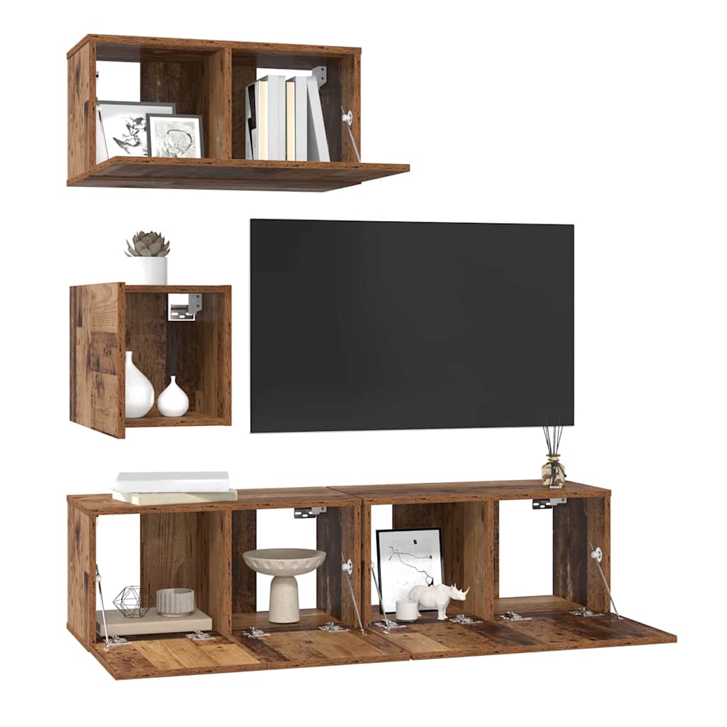 Tv-meubelset Wandgemonteerd 4 pcs Oud Hout Bewerkt hout is nu te koop bij PeponiXL, paradijselijk wonen!