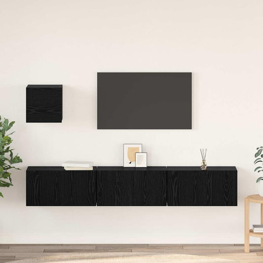 Tv-meubelset Wandgemonteerd 4 pcs Zwart Eiken Bewerkt hout is nu te koop bij PeponiXL, paradijselijk wonen!