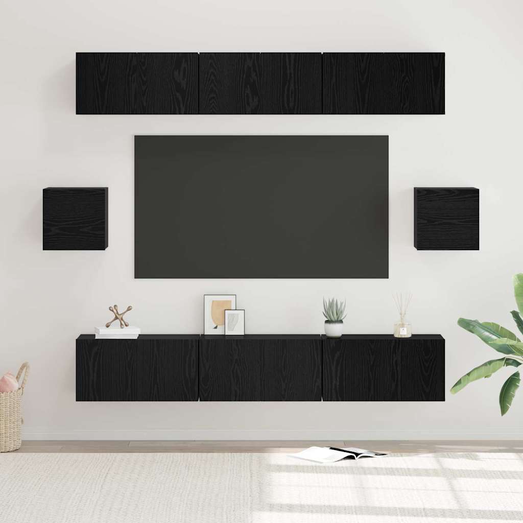 Tv-meubelset Wandgemonteerd 8 pcs Zwart Eiken Bewerkt hout is nu te koop bij PeponiXL, paradijselijk wonen!